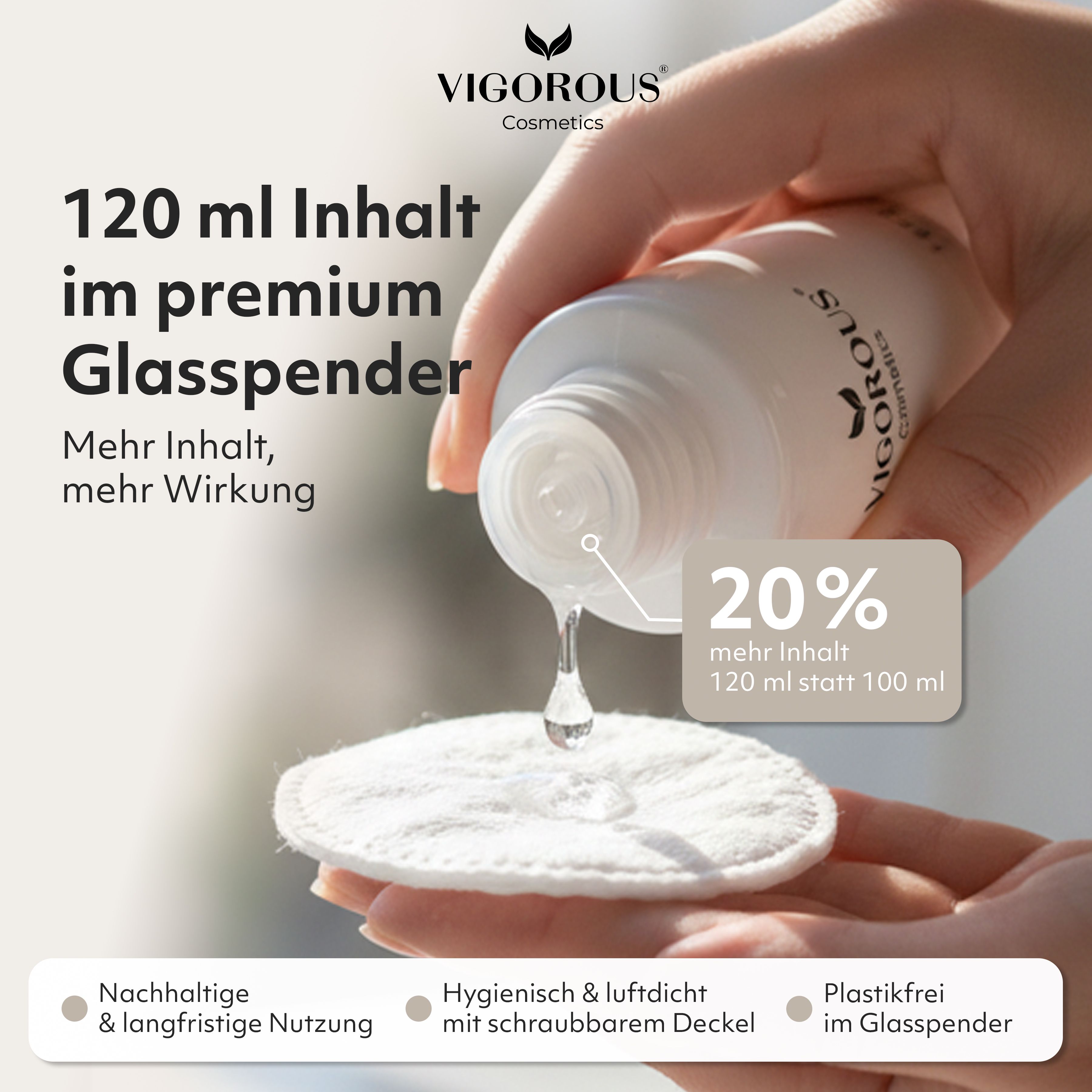 Zinkwasser-Flasche, Inhalt 120 ml. Tropfen auf Wattepad. Text: Premium Glasspender, 20% mehr Inhalt. Hygienisch, plastikfrei.