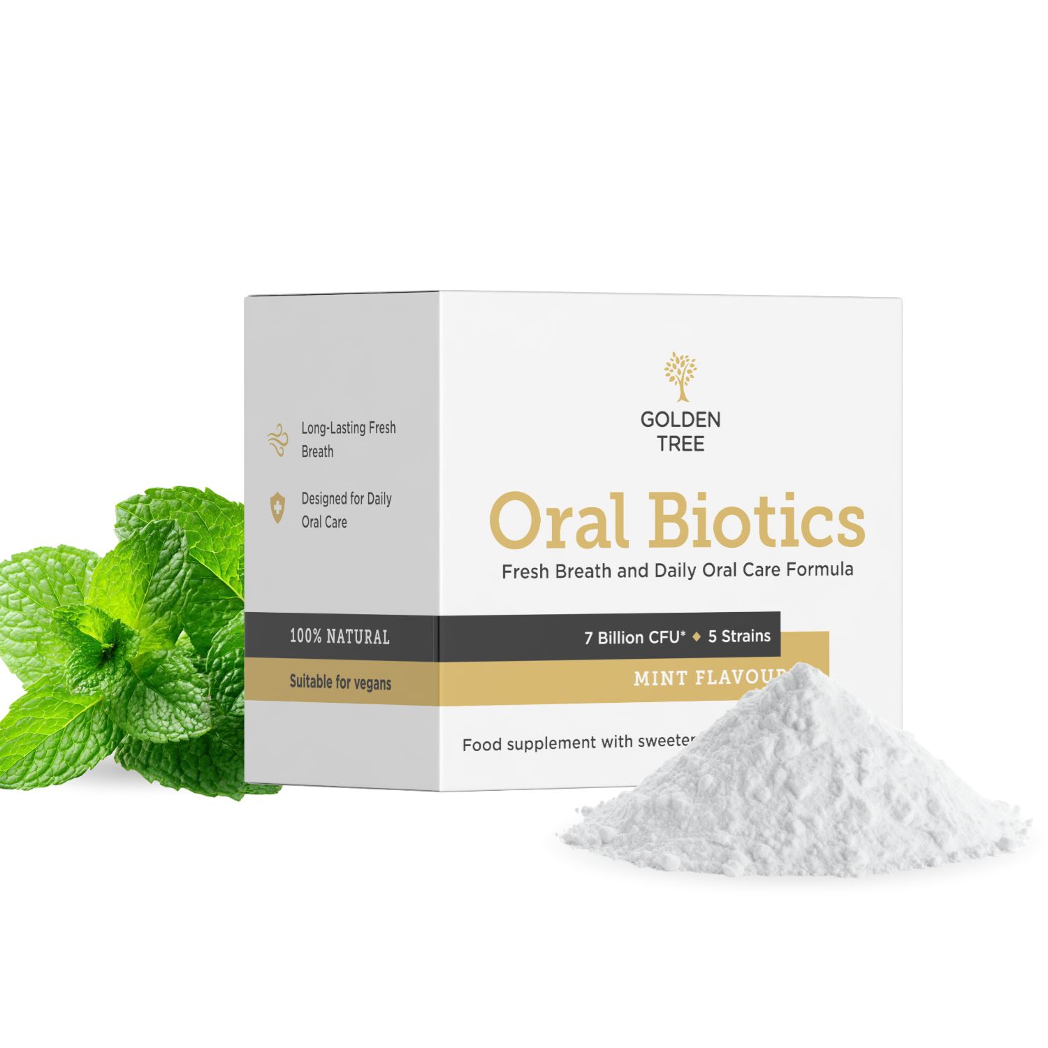 Golden Tree Oral Biotics Packung mit Minzblättern und Pulver.