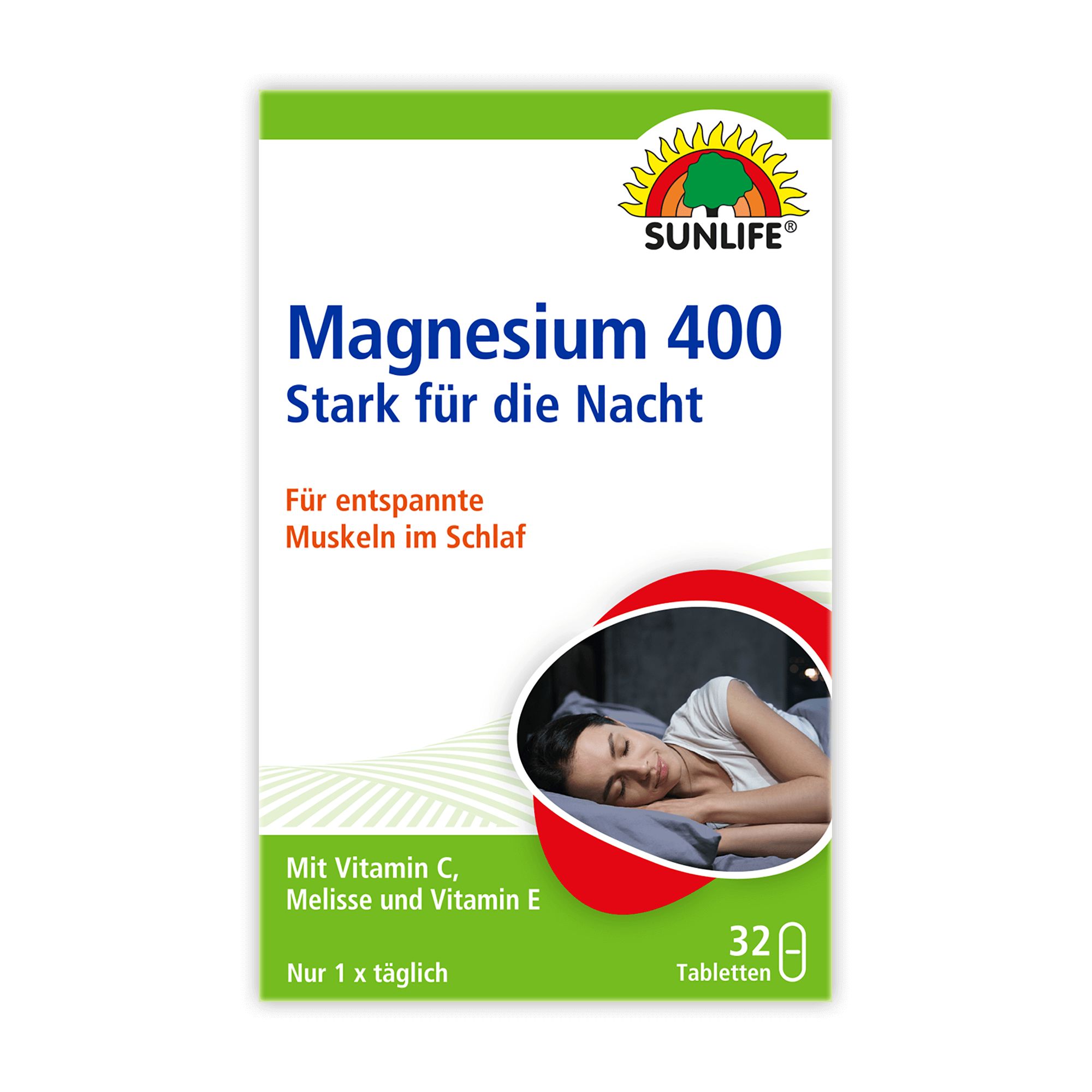 Schachtel mit SUNLIFE Magnesium 400 Nacht Tabletten. Aufdruck: Magnesium 400, Stark für die Nacht. 32 Tabletten. Frau schläft.