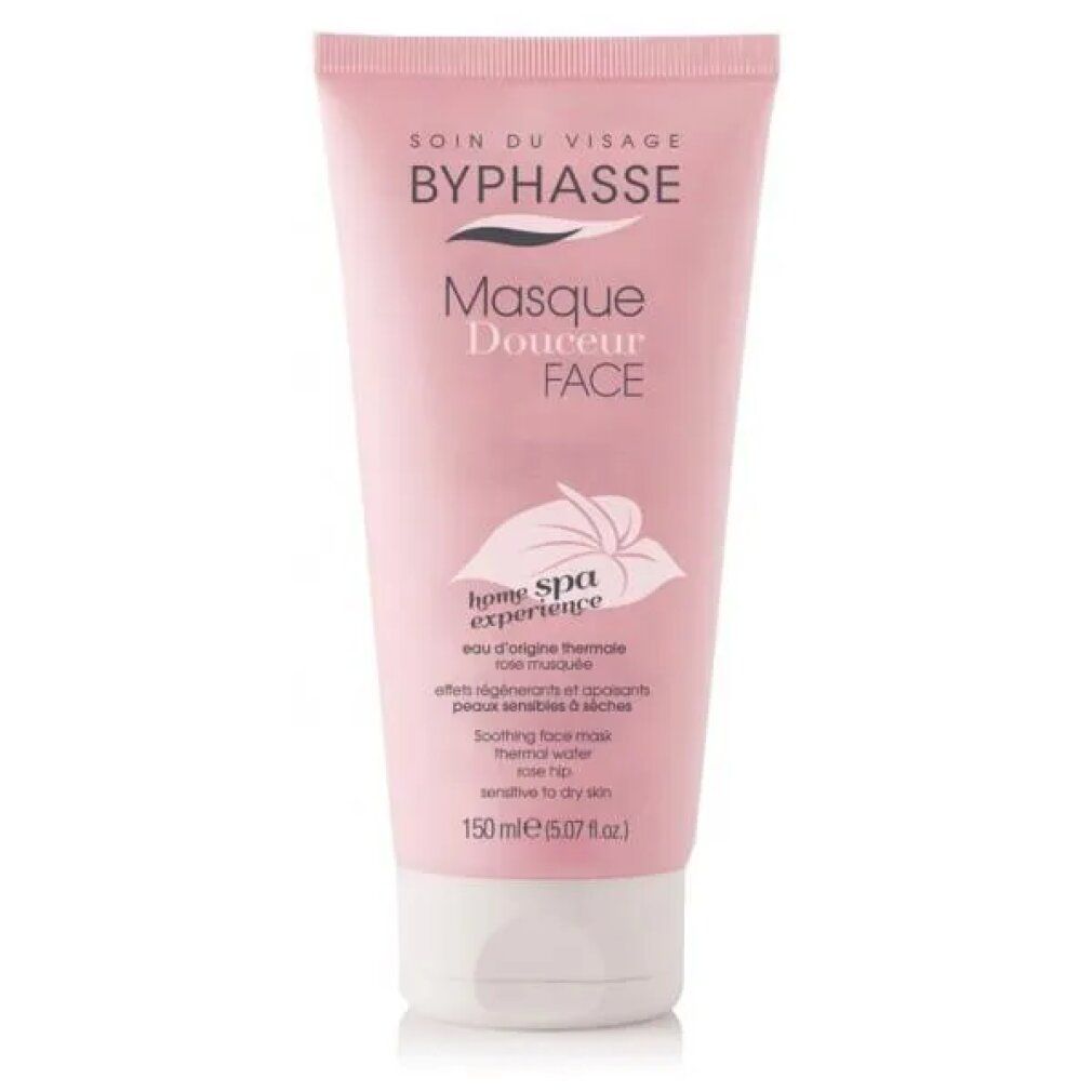 Rosa Tube mit weißem Deckel. Aufschrift: BYPHASSE, Masque Douceur FACE, home spa experience. Text in Französisch.