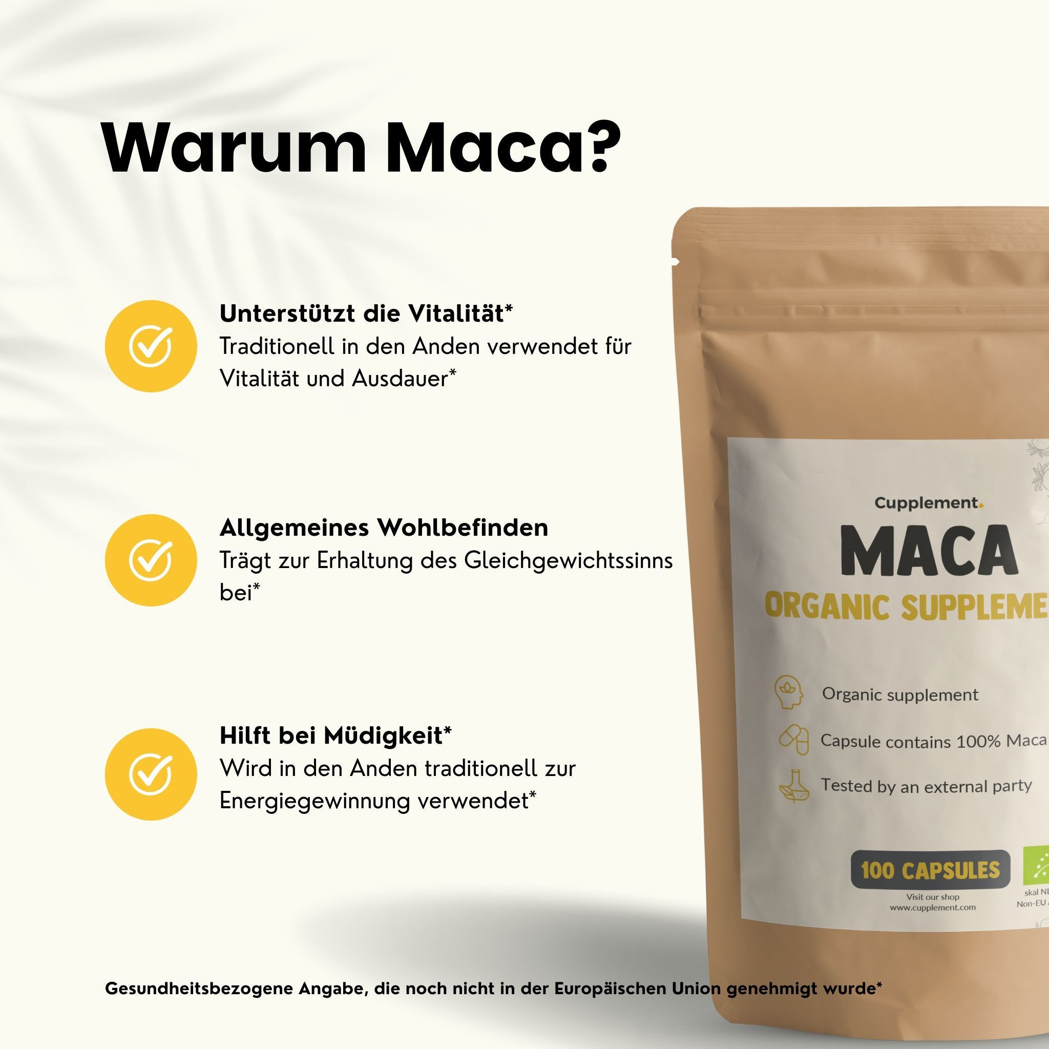 Beutel mit Kapseln. Text: Maca Organic Supplements. 100 Kapseln. Kundenbewertungen. Sterne-Bewertungen und Zitate.