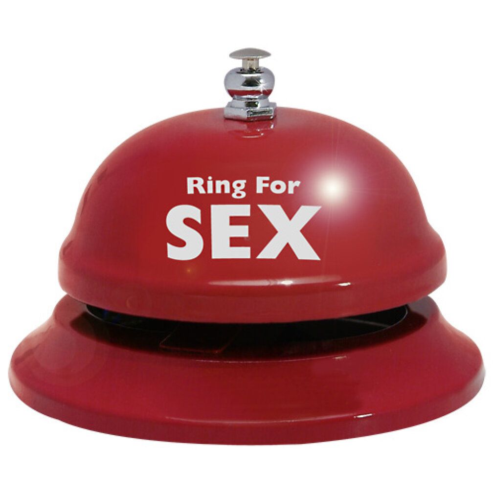 Rote Tischglocke mit silbernem Drücker. Aufschrift "Ring For SEX" in Weiß.