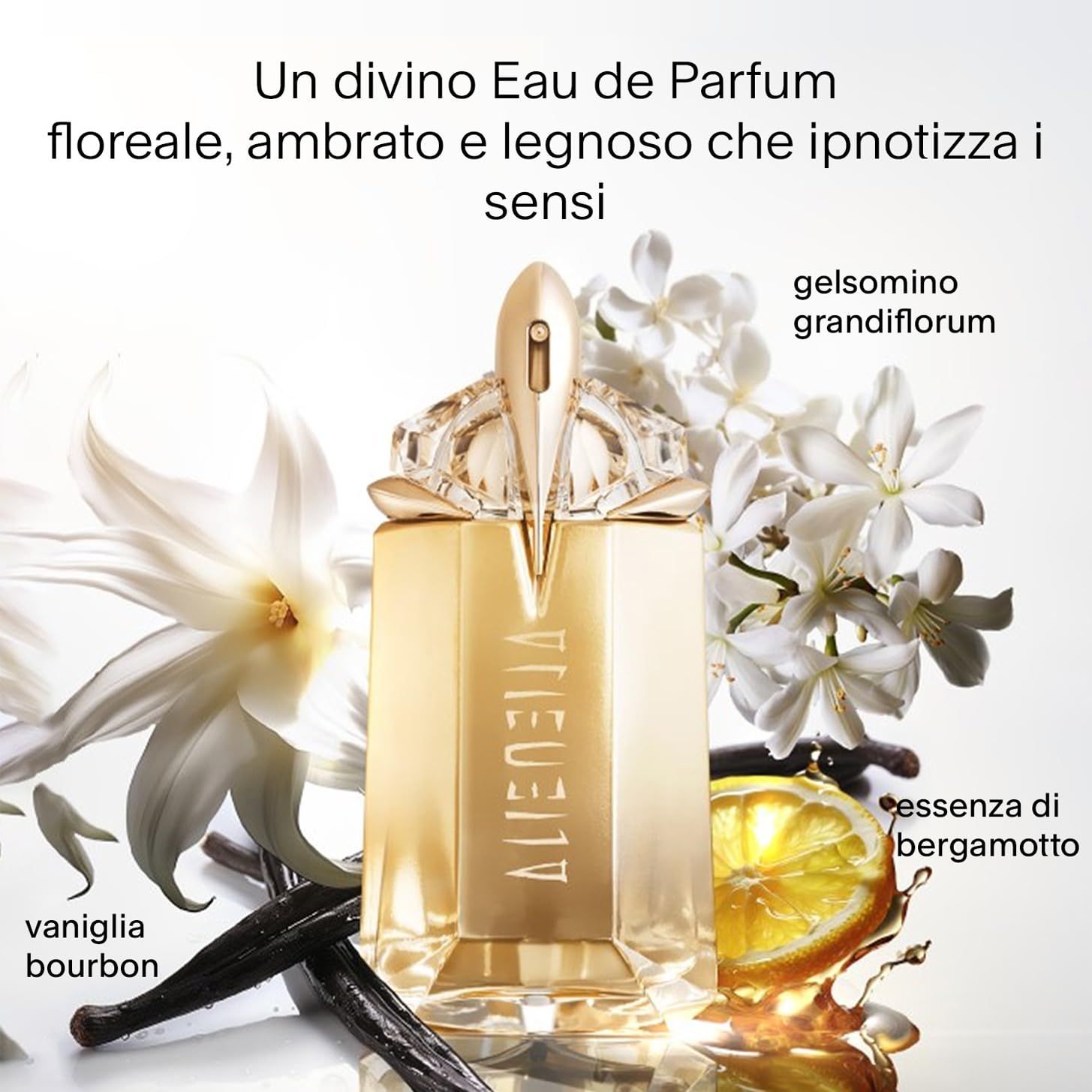 Goldfarbener Flakon mit floralen Elementen. Text: Alien Goddess. Inhaltsstoffe: Vanille, Jasmin, Bergamotte.