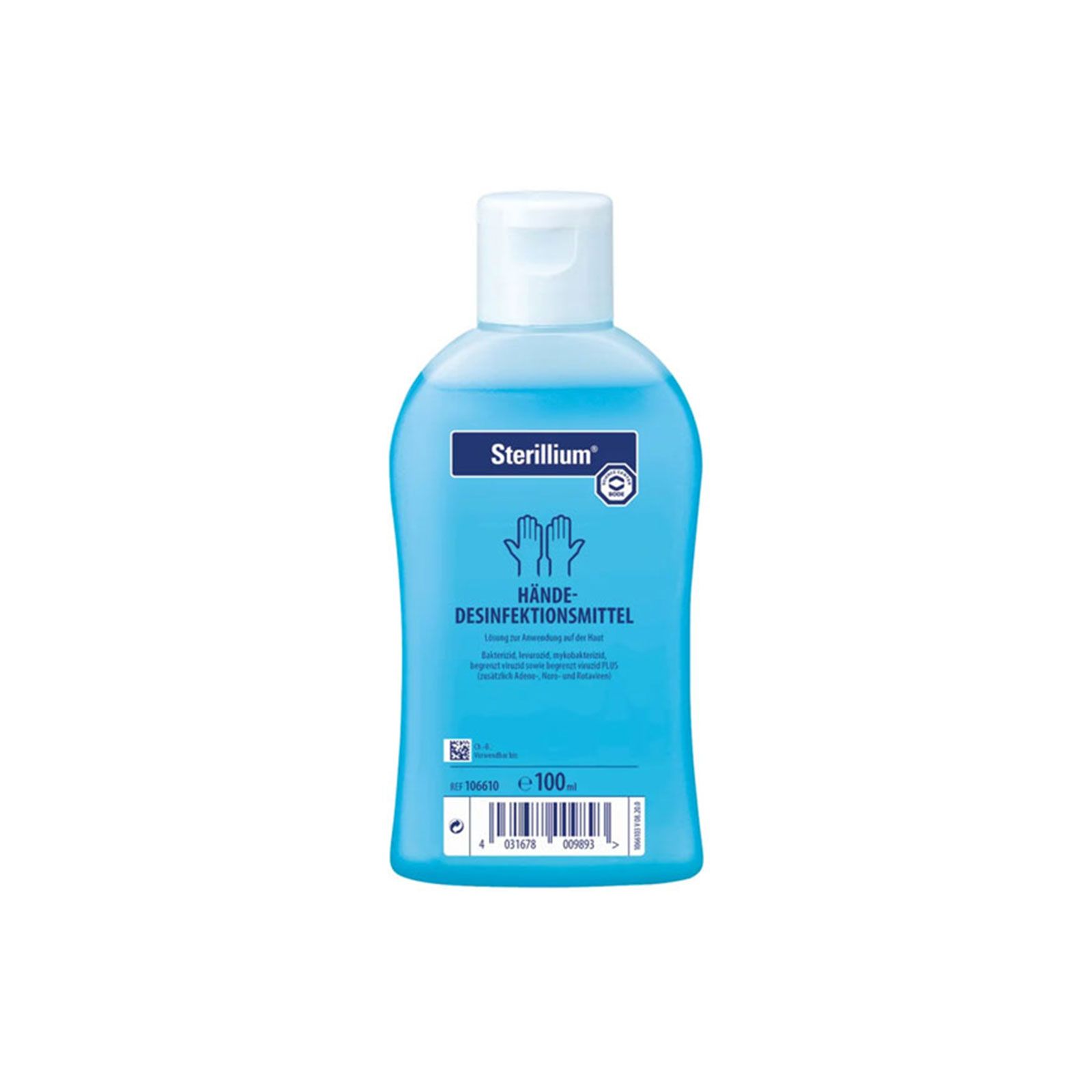 Sterillium® pure Händedesinfektionsmittel in blauer Flasche mit weißem Klappdeckel. 100ml.