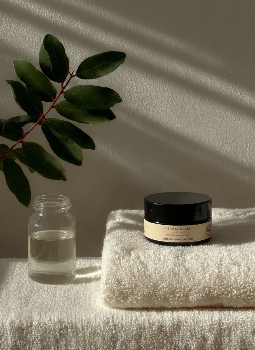 Creme-Tiegel mit schwarzem Deckel, neben Glasflasche und Handtuch. Aufschrift: KatriNaturals, Gesichtscreme natürlich.