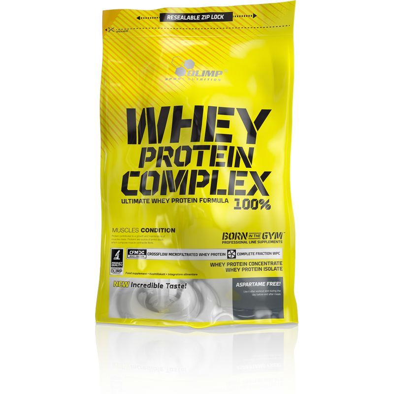 Gelbe Verpackung mit Aufschrift Whey Protein Complex 100%. Enthält Whey Protein Konzentrat und Isolat. Aspartamfrei.