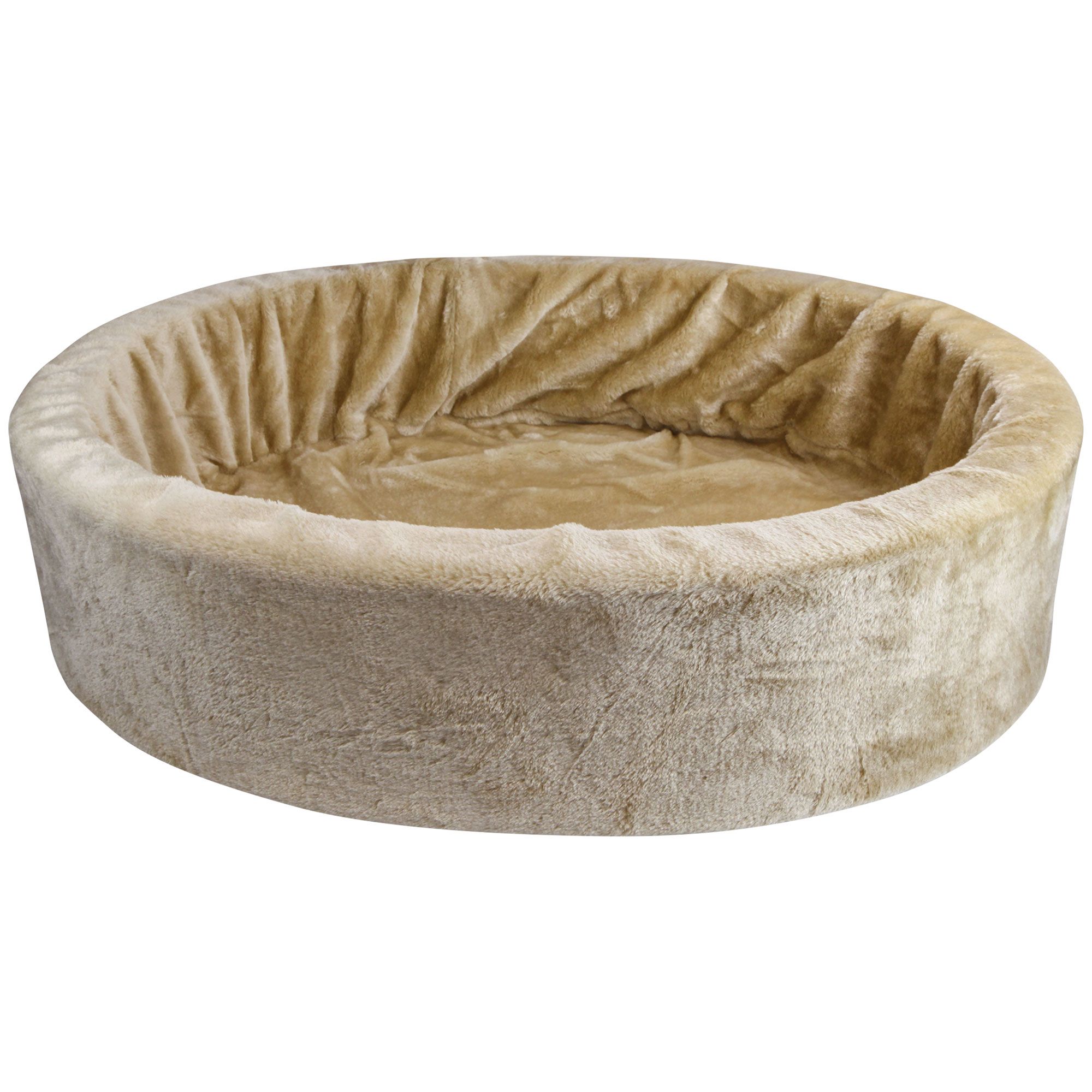 Runder, beigefarbener Hundekorb mit hohem Rand. Innen flauschig, außen glatt. Durchmesser ca. 60 cm.