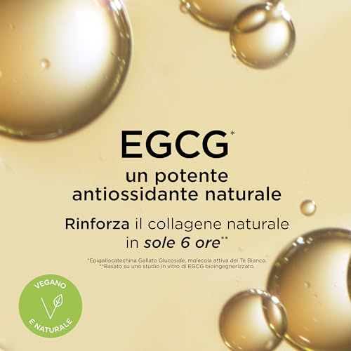 Nahaufnahme von Blasen. Text: EGCG, ein starkes Antioxidans. Verstärkt Kollagen in 6 Stunden.