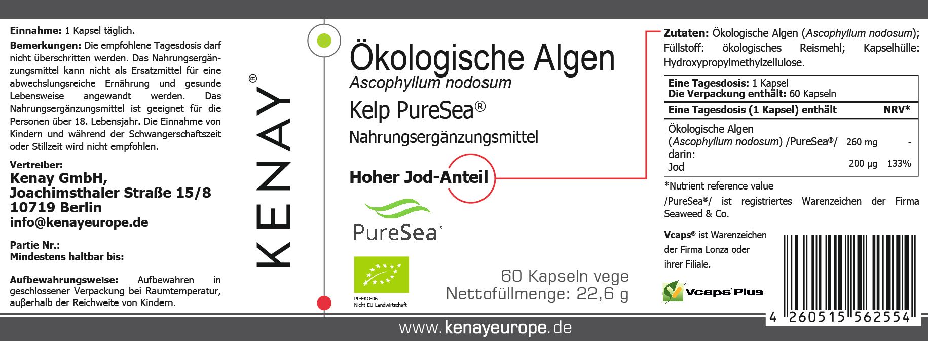 Etikett mit Produktinformationen: Ökologische Algen, Kelp PureSea, Nahrungsergänzungsmittel. Marke KENAY, Bio-Siegel, Inhaltsstoffe, Dosierung.