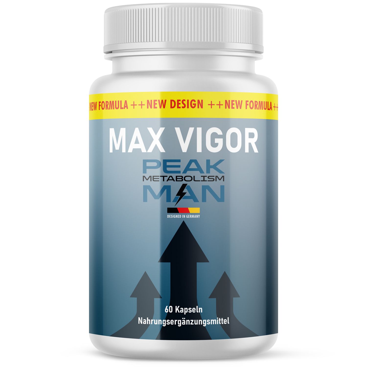 Weiße Kapsel-Dose mit gelbem Etikett. Aufschrift: MAX VIGOR PEAK METABOLISM MAN. 60 Kapseln. Pfeil-Grafik. Schwarze Pfeile nach oben.