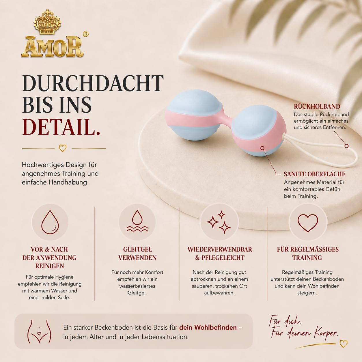 Duo-Ball-Beckenbodentrainer in Weiß und Orange, mit Text und Grafiken.