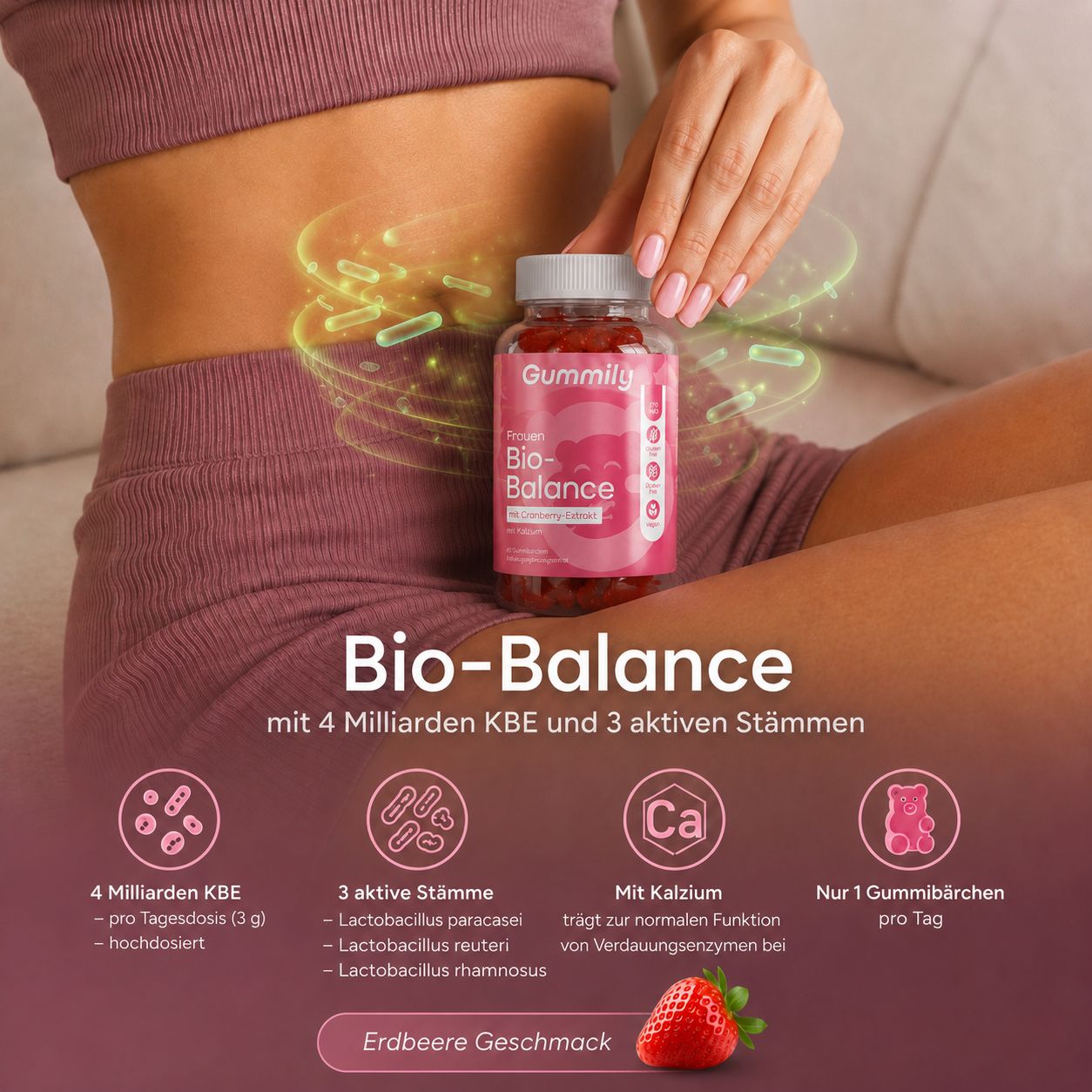 Frau mit Gummily Bio-Balance Gummibärchen, 4 Mrd KBE, 3 Stämme, Kalzium.