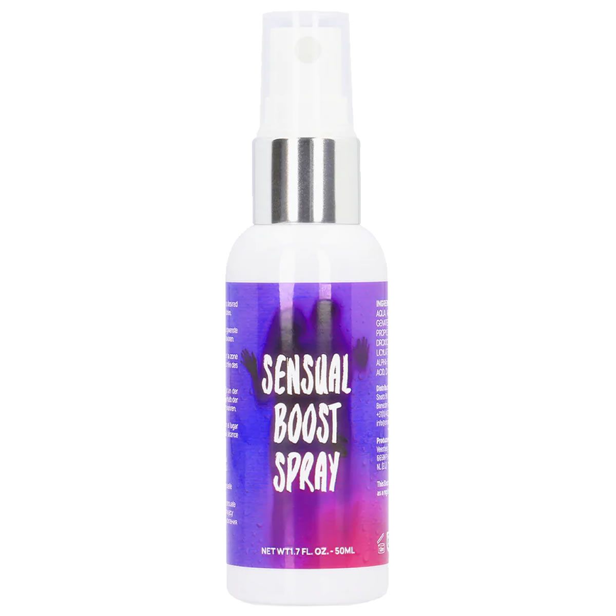 Weiße Sprühflasche mit silbernem Zerstäuber. Aufschrift: Sensual Boost Spray. Farbverlauf von Lila nach Pink. Nettoinhalt: 1.7 fl. oz. - 50ml.