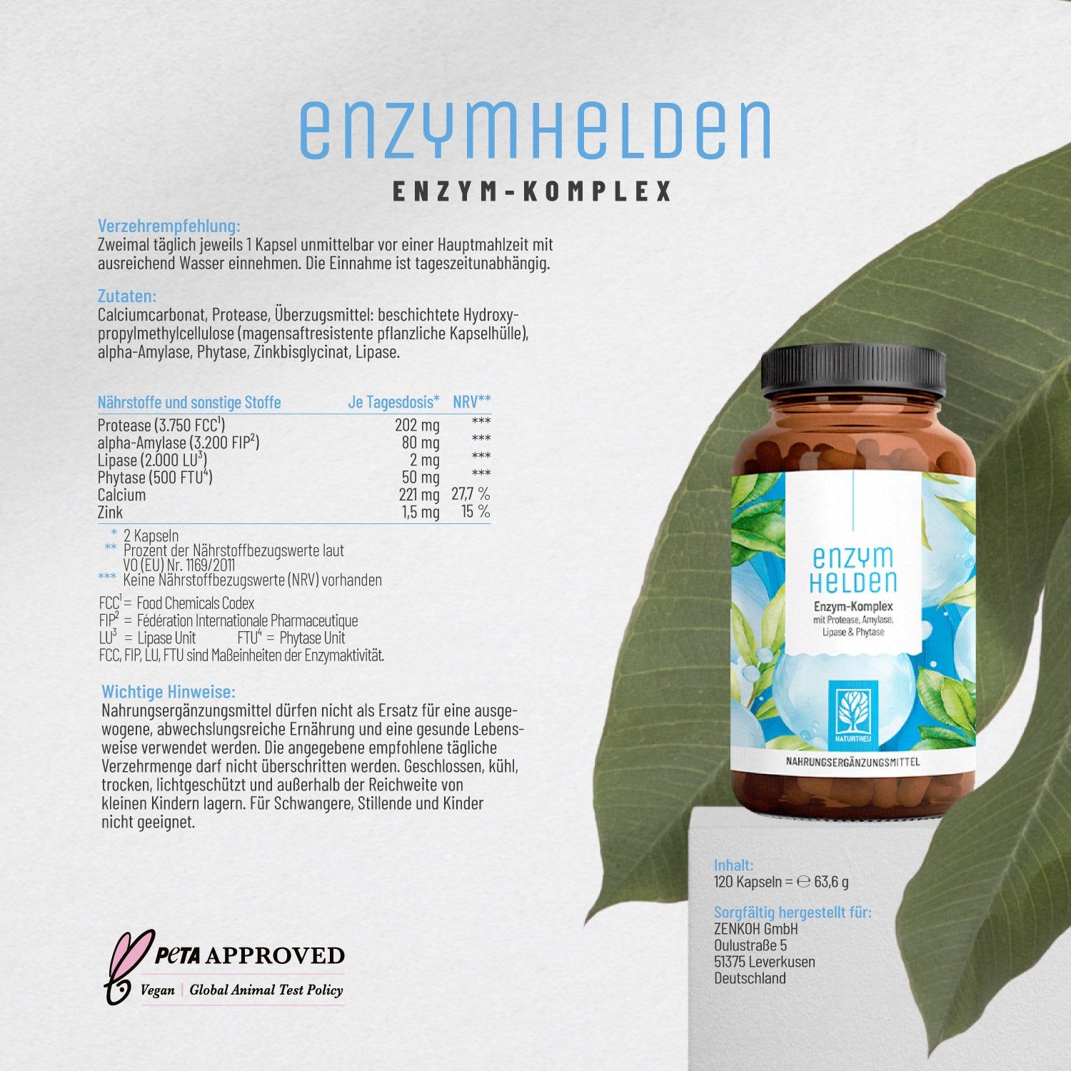 Braune Flasche ENZYMHELDEN. Text: Enzym-Komplex mit Protease, Amylase, Lipase & Phytase. PETA Approved. Inhaltsstofftabelle.