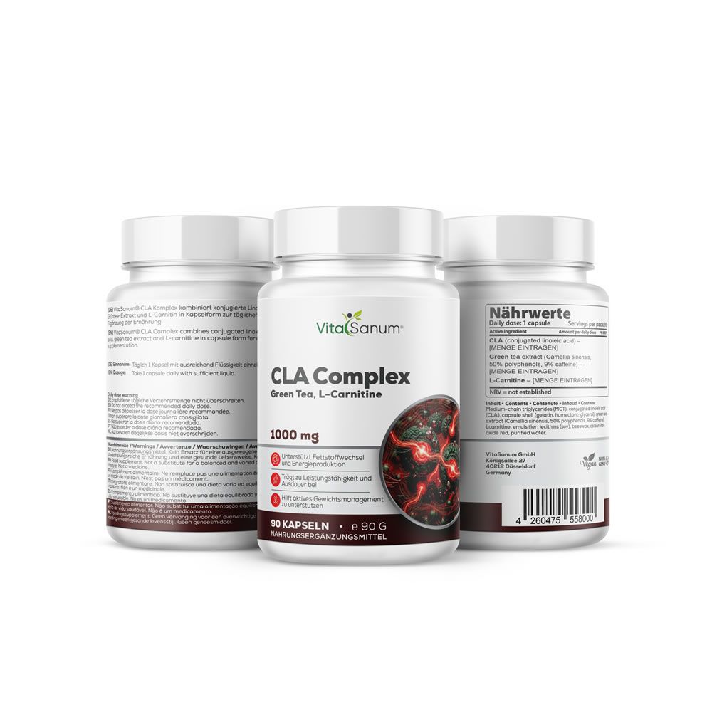Drei Behälter VitaSanum CLA Complex Kapseln. Vorderer Behälter mit 1000 mg, 90 Kapseln. Rückseiten mit Nährwertangaben.