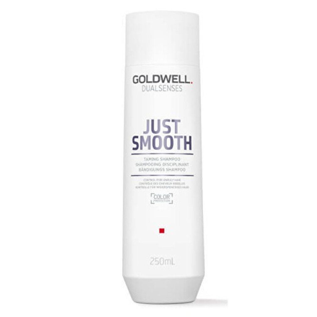 Goldwell Dual Senses Just Smooth Shampoo Flasche. Weißes zylindrisches Design mit weißem Deckel. Produktname und Marke sichtbar.
