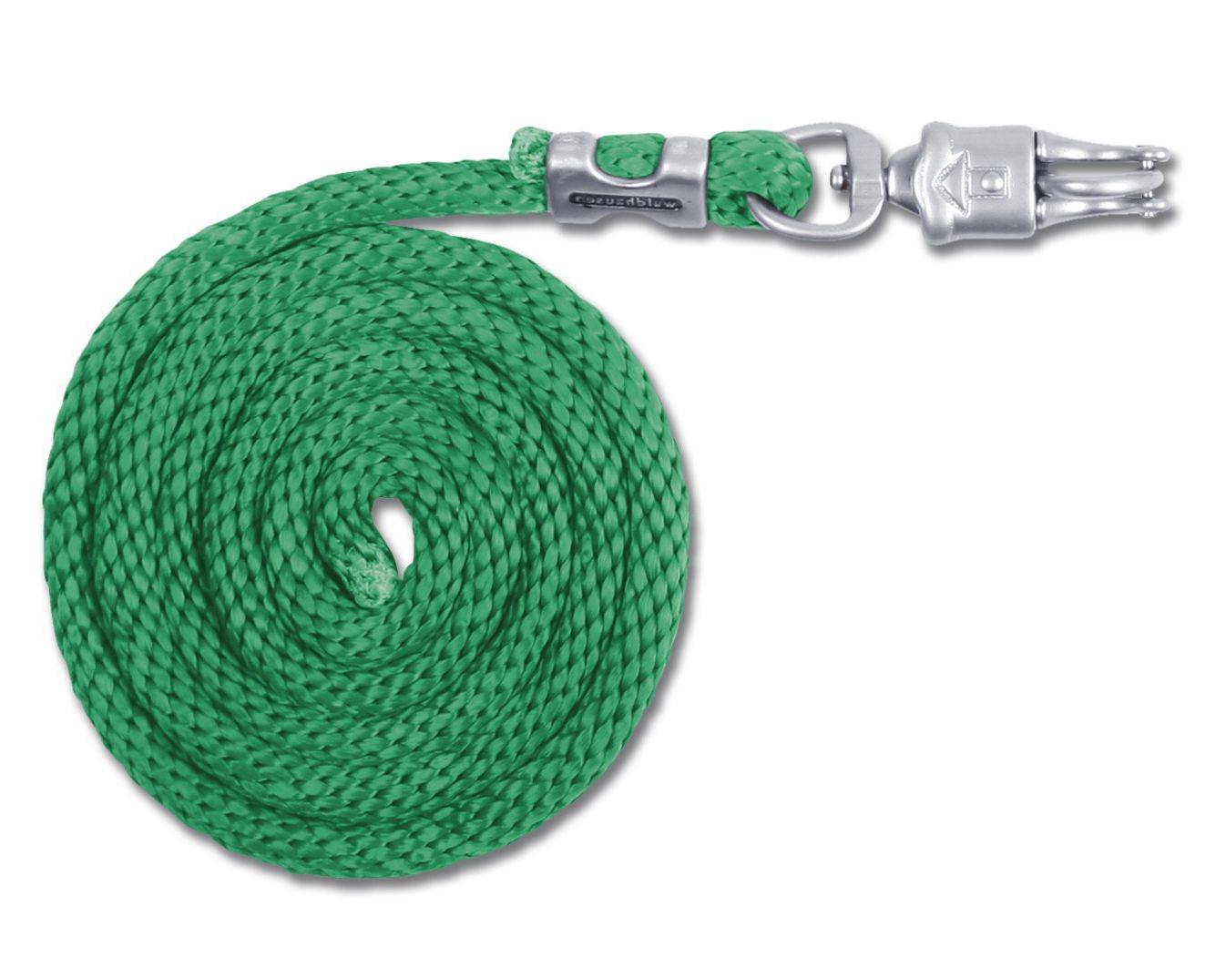 Grüner Führstrick mit Panikhaken. Geflochtenes Seil, Metallkarabiner und Panikverschluss. Aufgerollt auf weißem Hintergrund.