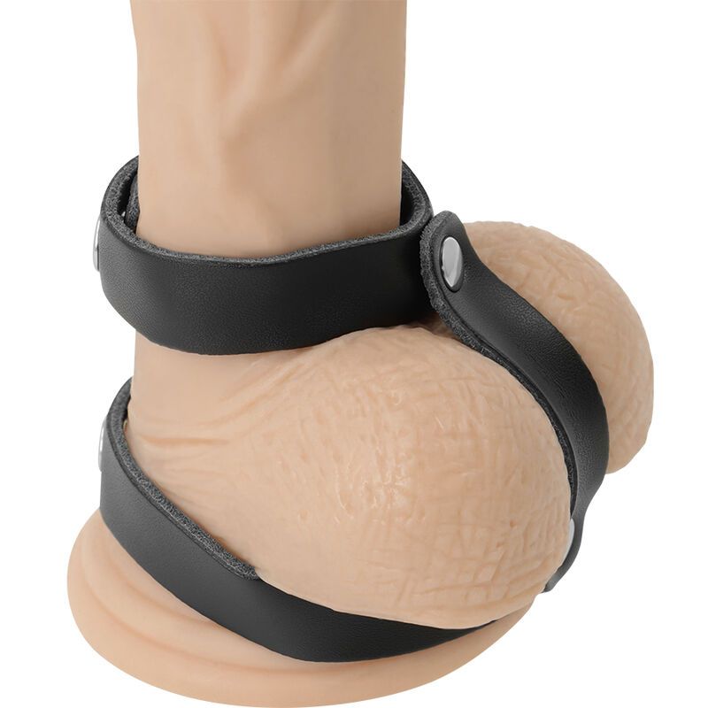 Schwarzer Lederring, um Penis und Hoden. Der Ring umschließt den Penis und die Hoden. Mit silberfarbenen Nieten befestigt.