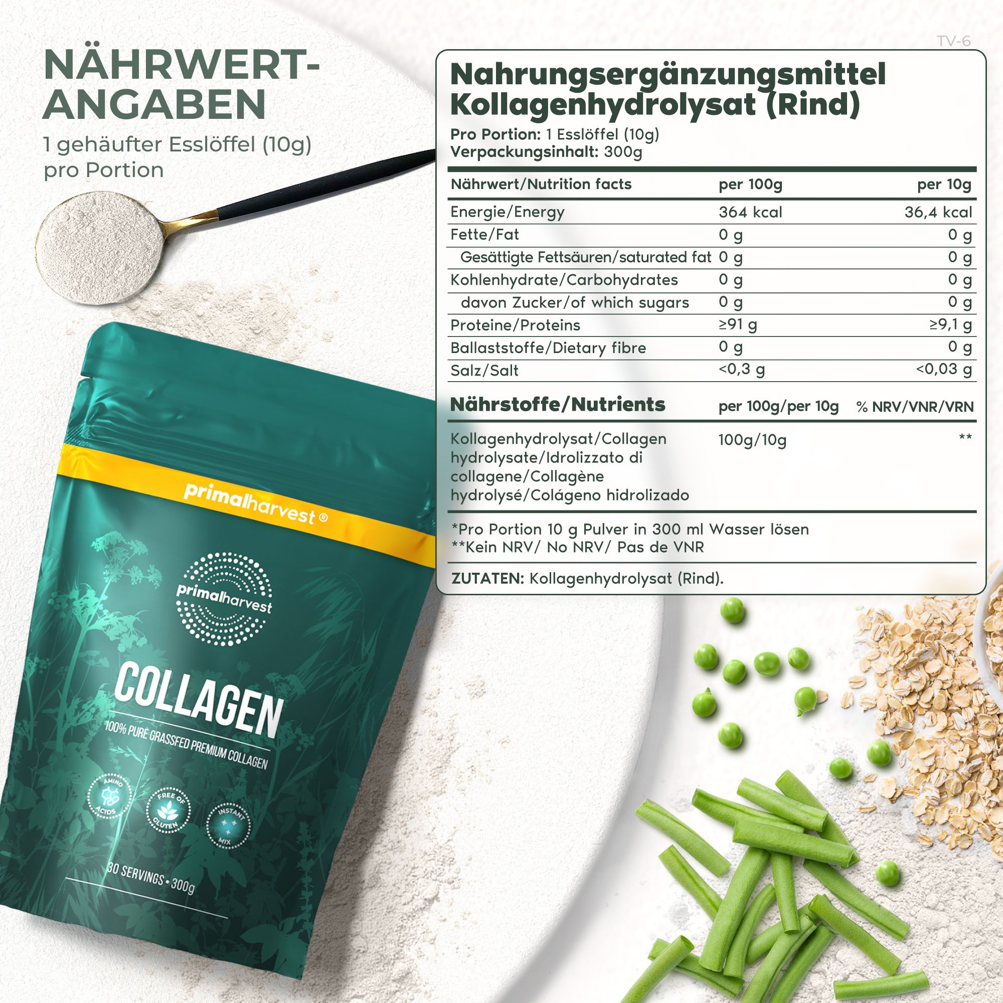 Collagen-Pulver in grüner Verpackung. Löffel mit Pulver daneben. Nährwertangaben und Zutatenliste.