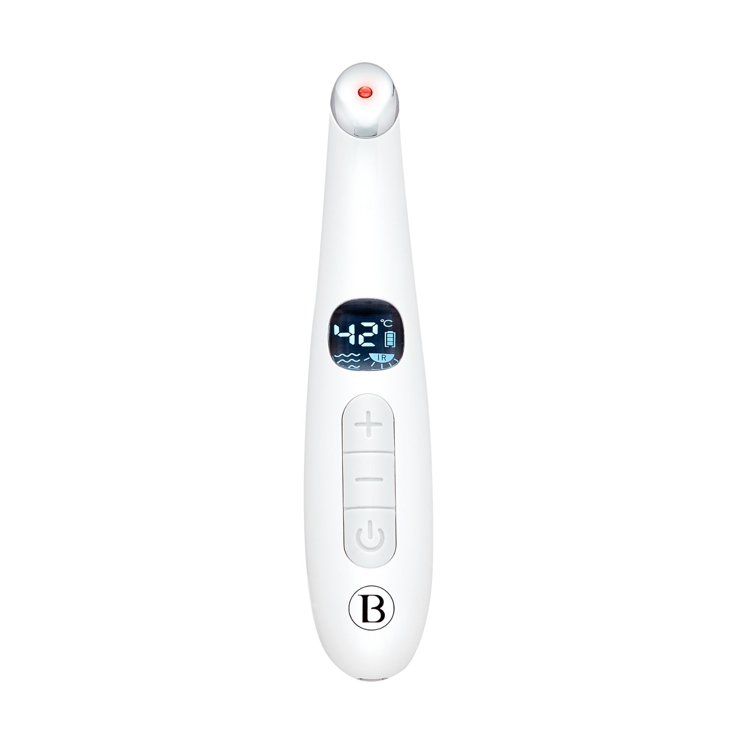 Weißes Gerät mit Display, Knöpfen und roter Spitze. Zeigt Temperatur an. Unten Logo 'B'.