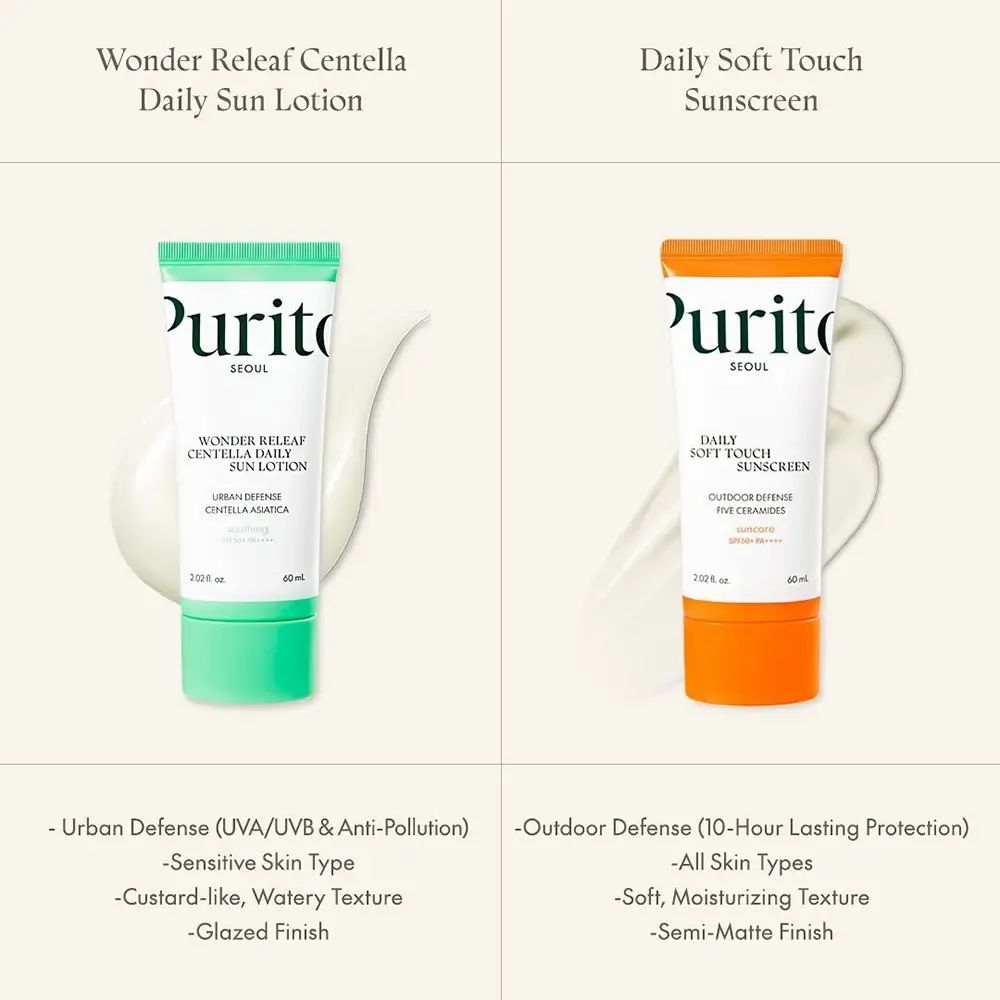 Vergleich von zwei Tuben: Wonder Releaf Centella Daily Sun Lotion und Daily Soft Touch Sunscreen.