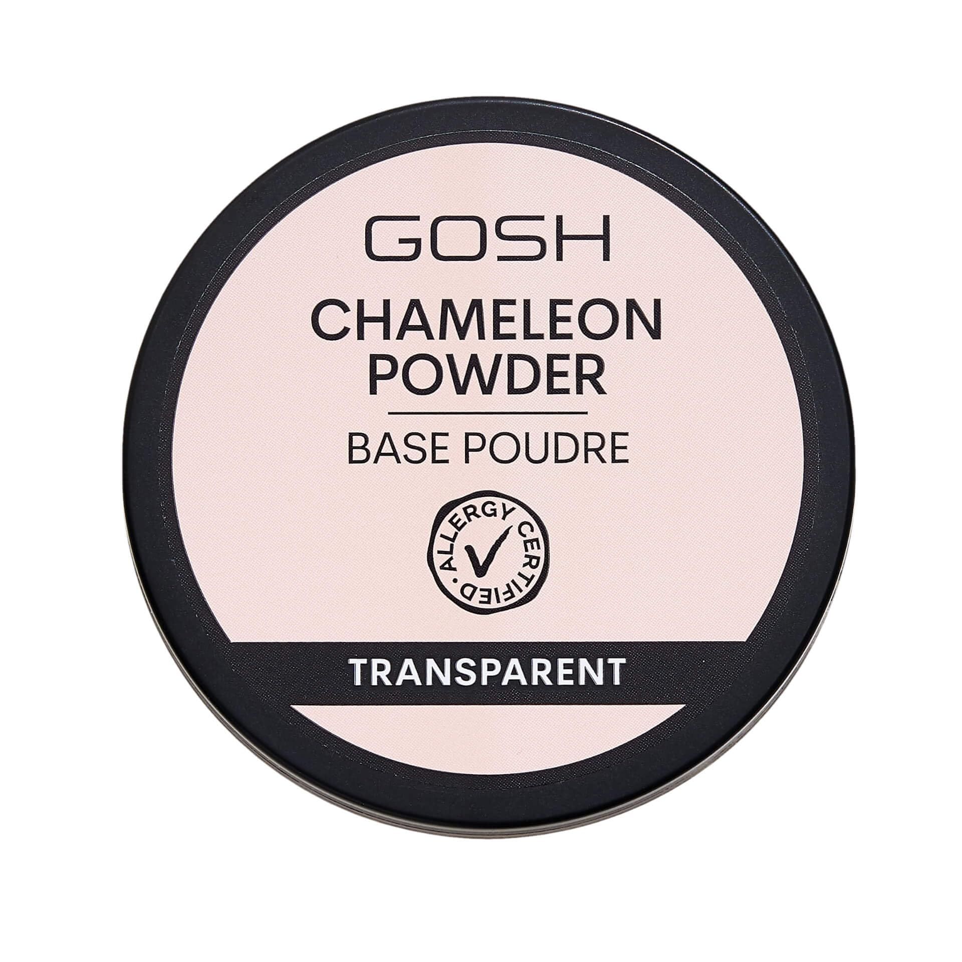 Gosh Chameleon Powder, transparente Puder-Dose. Schwarzer Deckel mit Produktinformationen.
