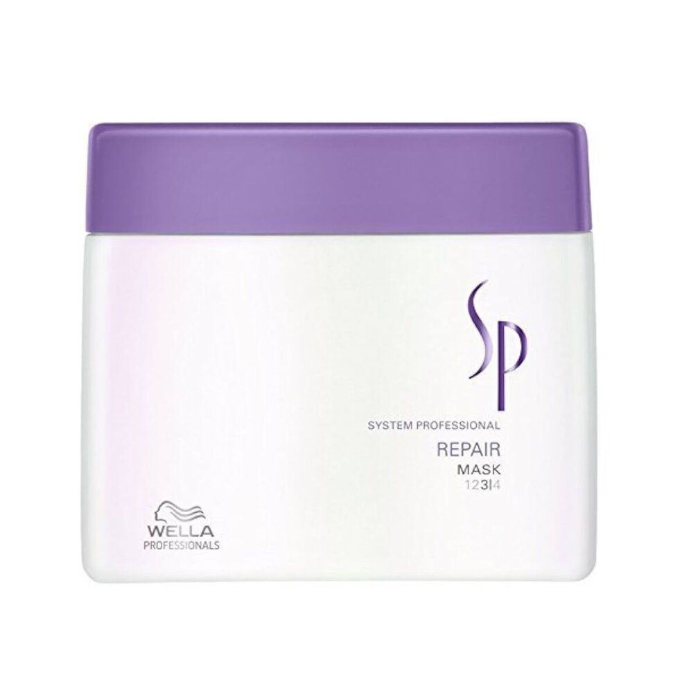 Weißer Tiegel mit lila Deckel. Aufschrift: SP Repair Mask. Wella-Logo.