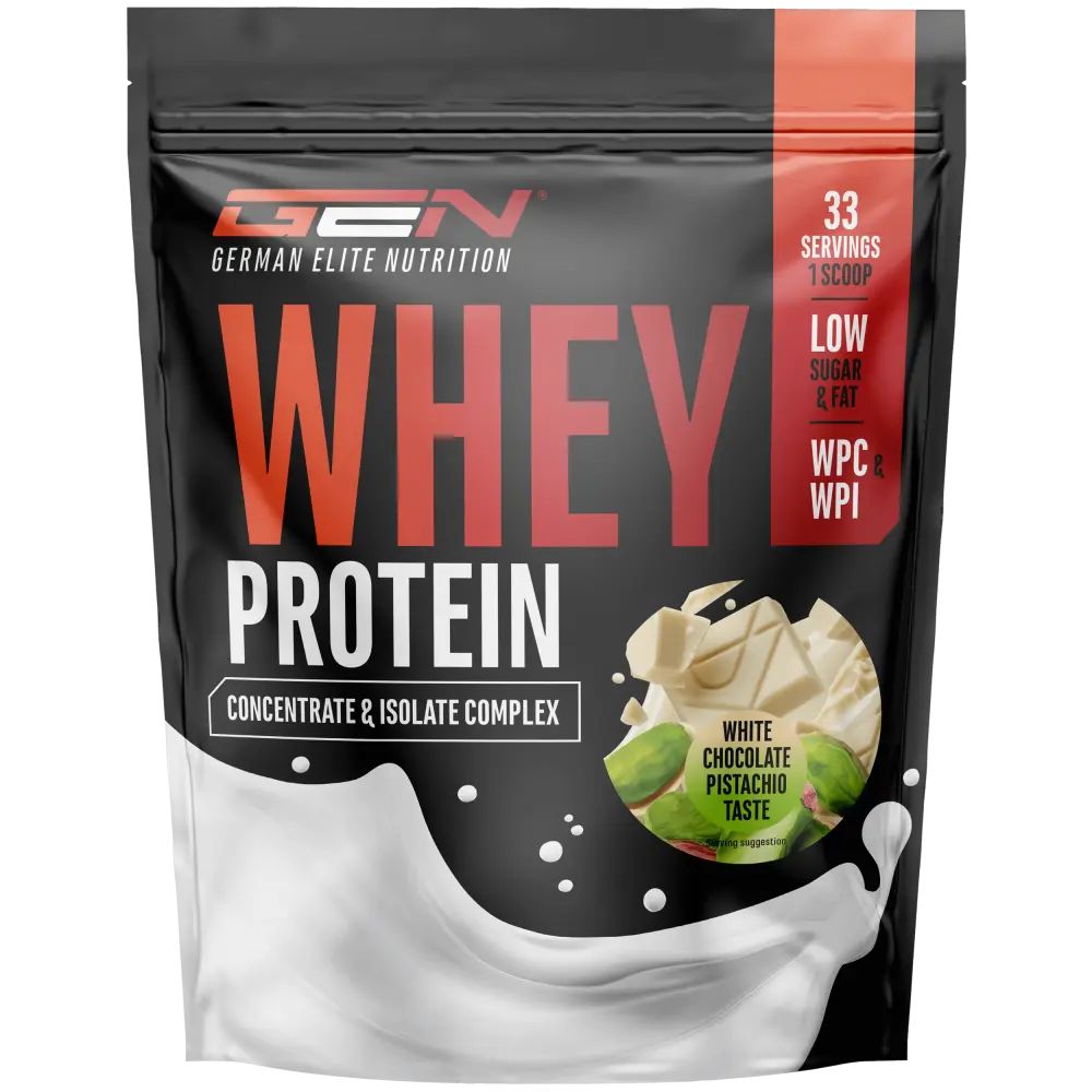Schwarze Tüte mit GEN Whey Protein Komplex. Aufschrift: Whey Protein, Konzentrat & Isolat Komplex. Geschmack: White Chocolate Pistachio Taste.