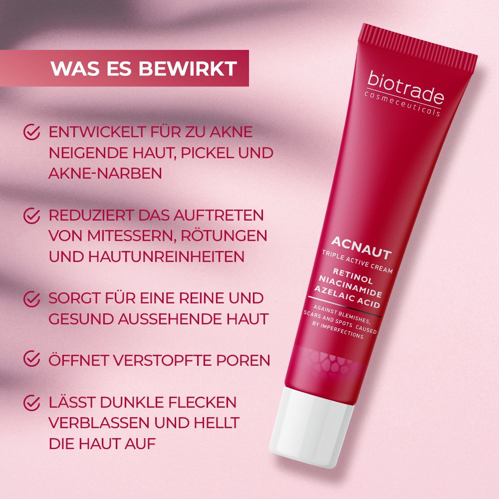 Rote Tube mit Text und Logos. Text: Was es bewirkt. Aufzählung von Vorteilen. Biotrade Acnaut Triple Active Cream.
