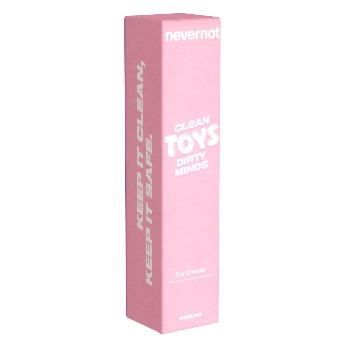 Rosa Verpackung mit weißem Text. Oben steht "nevernot". Auf der Verpackung steht "CLEAN TOYS DIRTY MINDS" und "Toy Cleaner".
