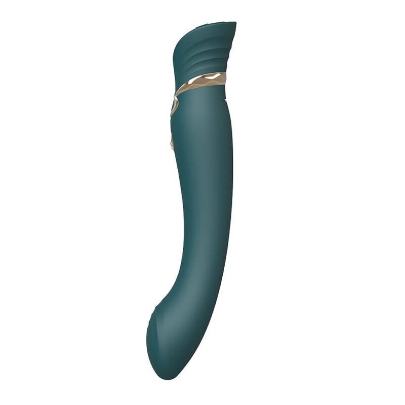 Türkisfarbener Vibrator mit goldfarbenen Akzenten. Geformter Kopf, geschwungener Schaft. Ansicht von der Seite.