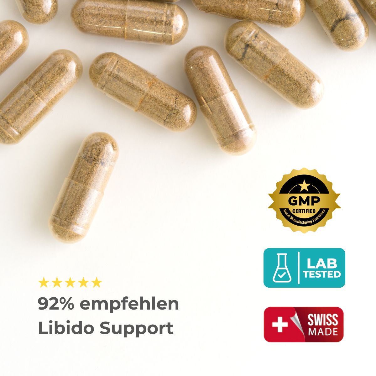Kapseln auf weißem Grund. GMP-Zertifizierung, Labortest, Swiss Made. 92% empfehlen Libido Support.