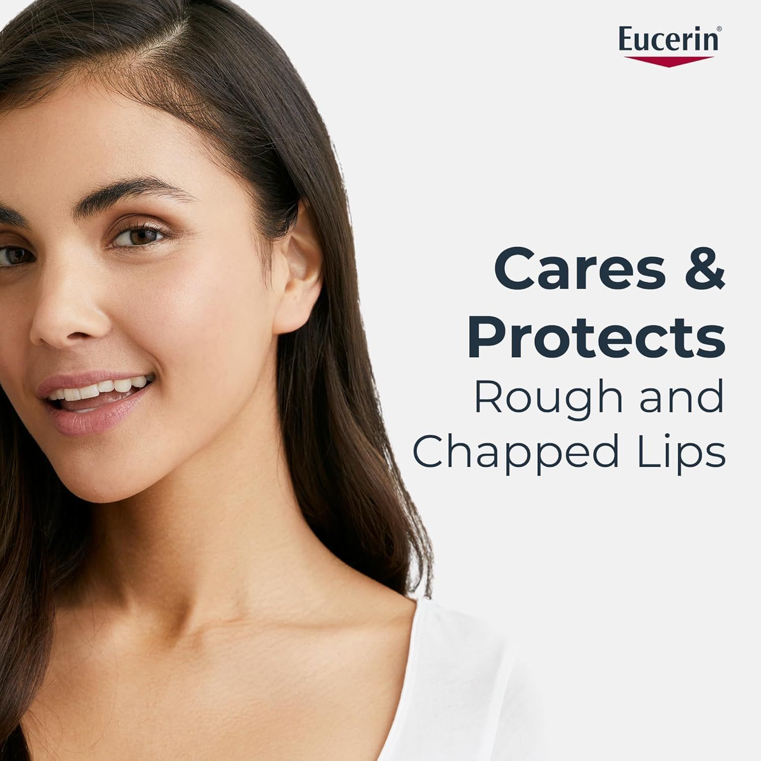 Junge Frau mit dunklen Haaren. Text: Cares & Protects Rough and Chapped Lips. Eucerin Logo.