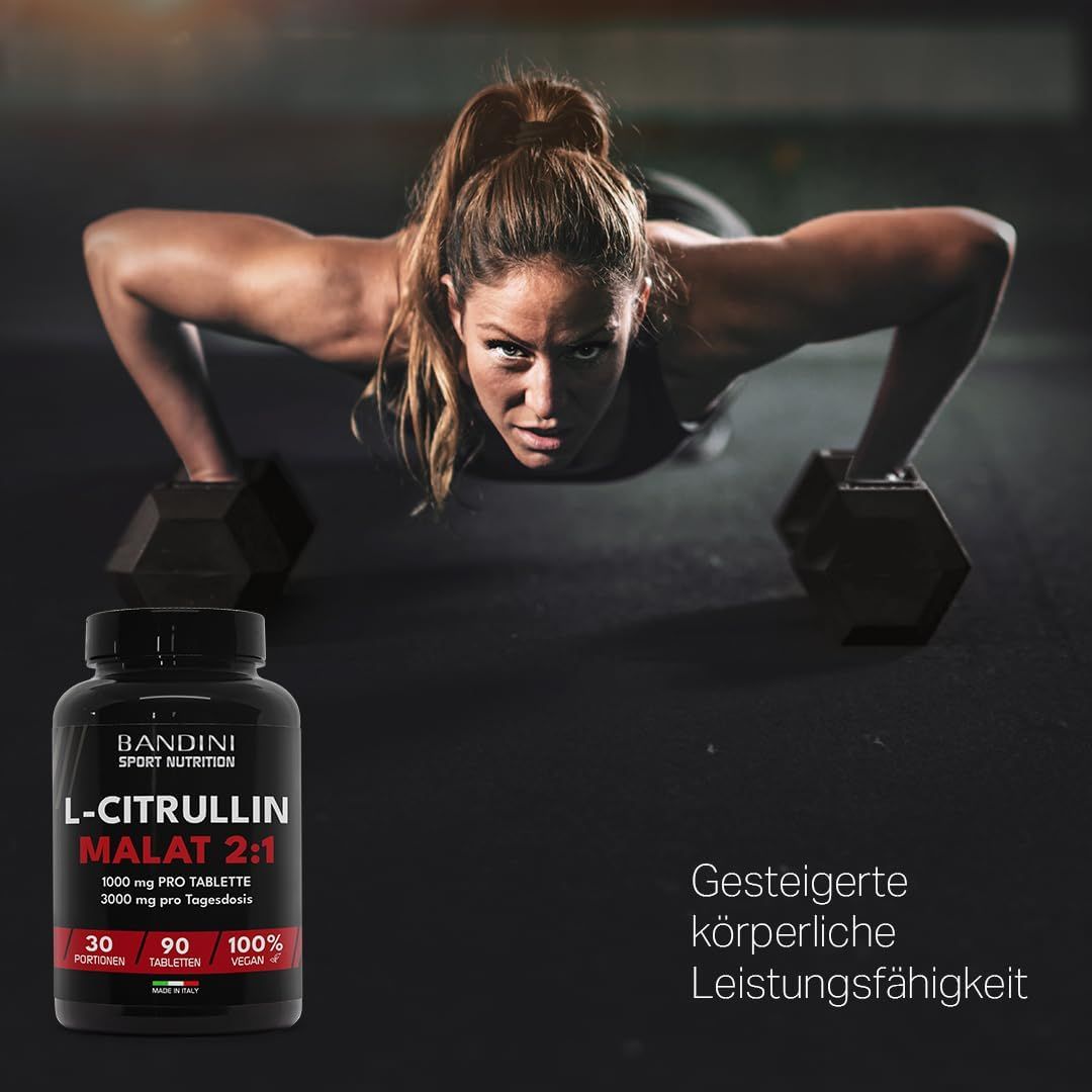 Schwarze Flasche Bandini L-Citrullin Malat 2:1. 30, 90 Tabletten. Vegan. Frau beim Training. Text: Gesteigerte körperliche Leistungsfähigkeit.
