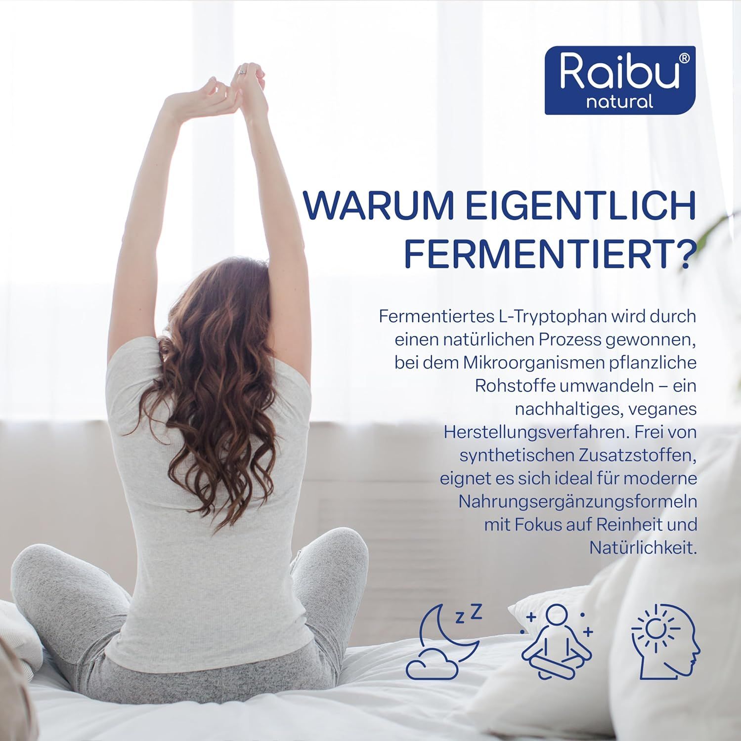 Frau im Bett. Text: Warum eigentlich fermentiert? Fermentiertes L-Tryptophan, vegan, nachhaltig.