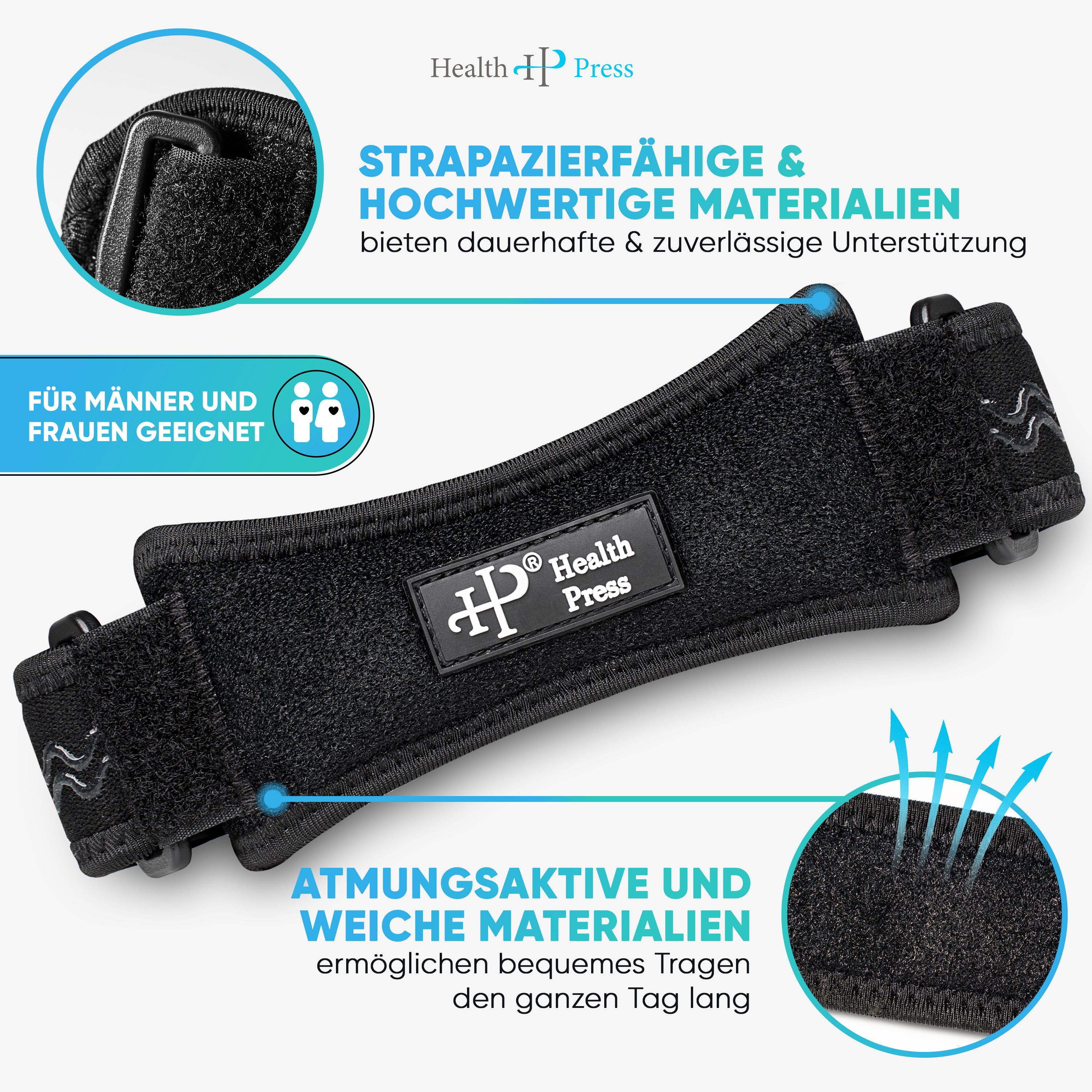 Kniebandage mit Text: Strapazierfähige Materialien, atmungsaktive Materialien. Marke: Health Press. Für Männer und Frauen.