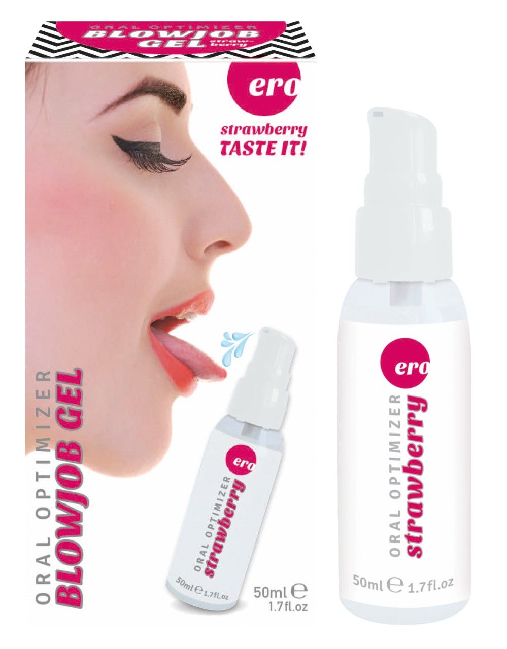 Flasche Erdbeer-Gel, 50ml. Aufdruck: Oral Optimizer Strawberry. Verpackung mit Frauengesicht und Produktnamen.