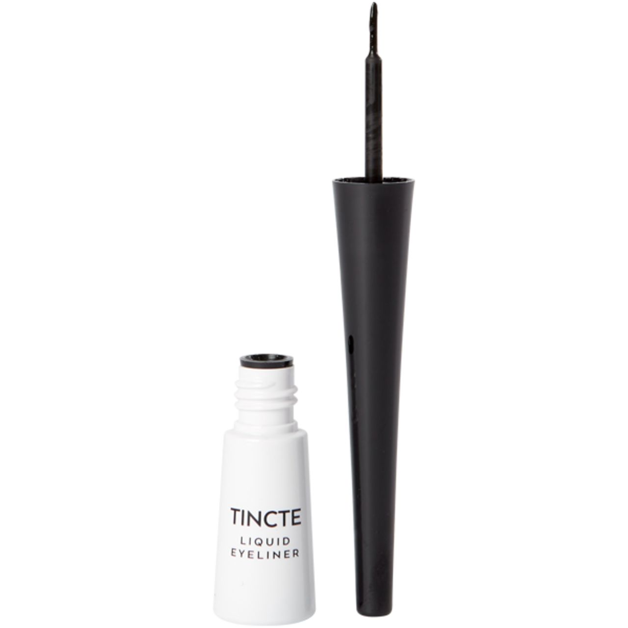 Schwarzer Flüssig-Eyeliner mit Applikator. Weiße Flasche mit schwarzem Deckel. Produktname: Tincte Liquid Eyeliner.