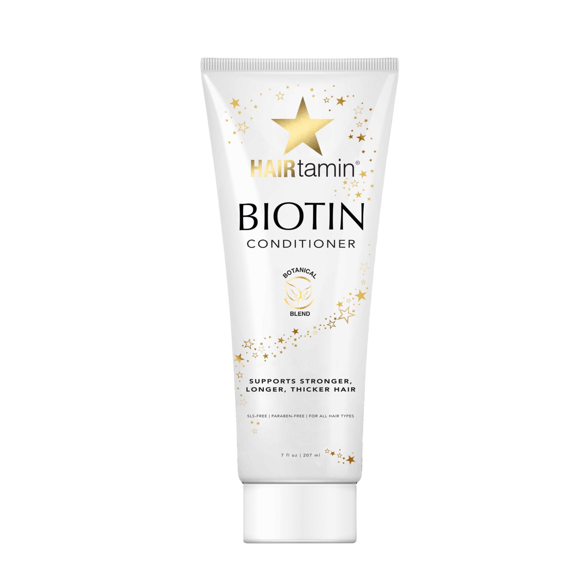 Weiße Tube mit "HAIRtamin Biotin Conditioner"-Logo. Sterne und Schriftzug. 207 ml. "Botanical Blend". Für alle Haartypen.