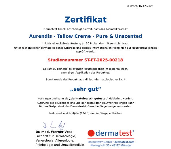 Zertifikat. Dermatest. Aurendis - Tallow Creme - Pure & Unscented. Urteil: sehr gut. Text.