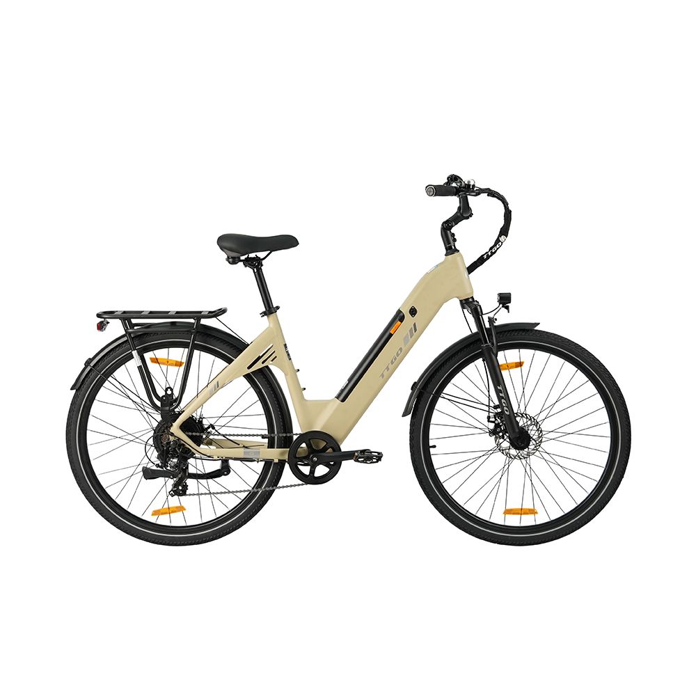 Beige Elektrofahrrad mit schwarzen Reifen, Gepäckträger und Schutzblechen. Schwarzer Sattel und Lenker. Beleuchtung.
