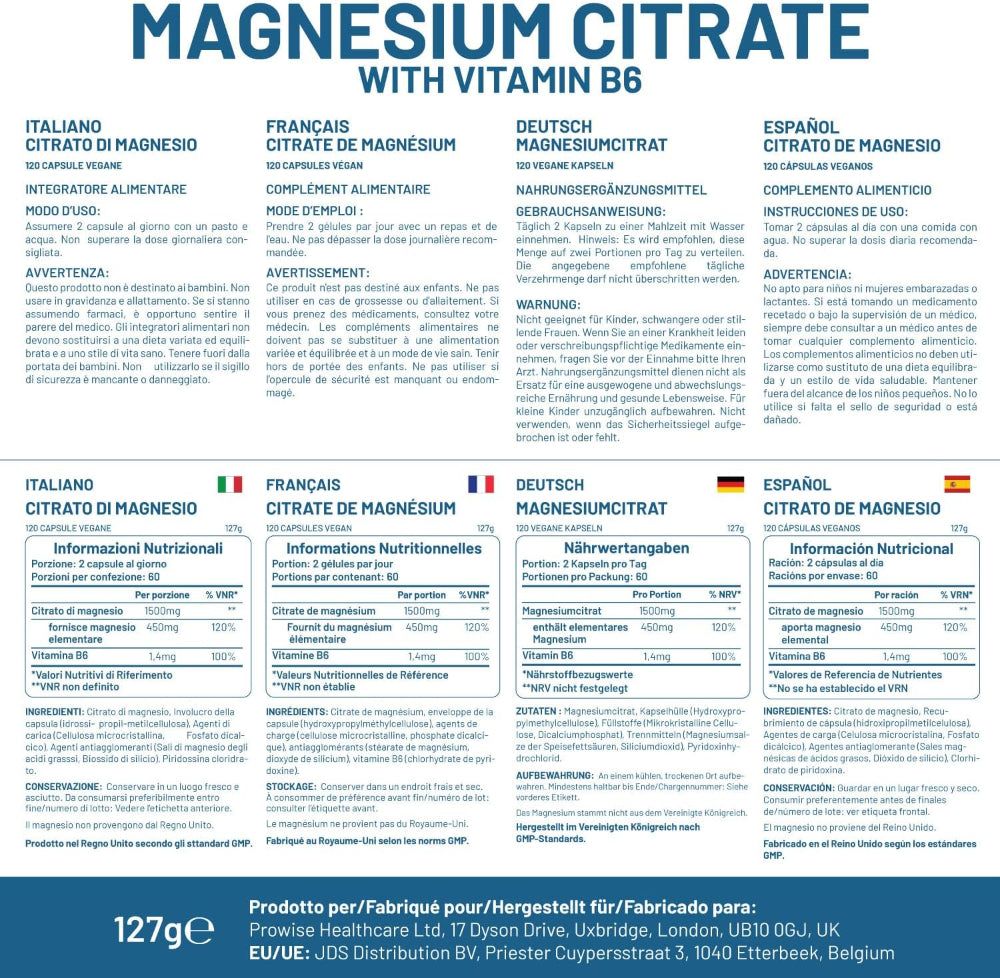 Etikett mit Produktinformationen in verschiedenen Sprachen. Angaben zu Inhaltsstoffen und Dosierung.