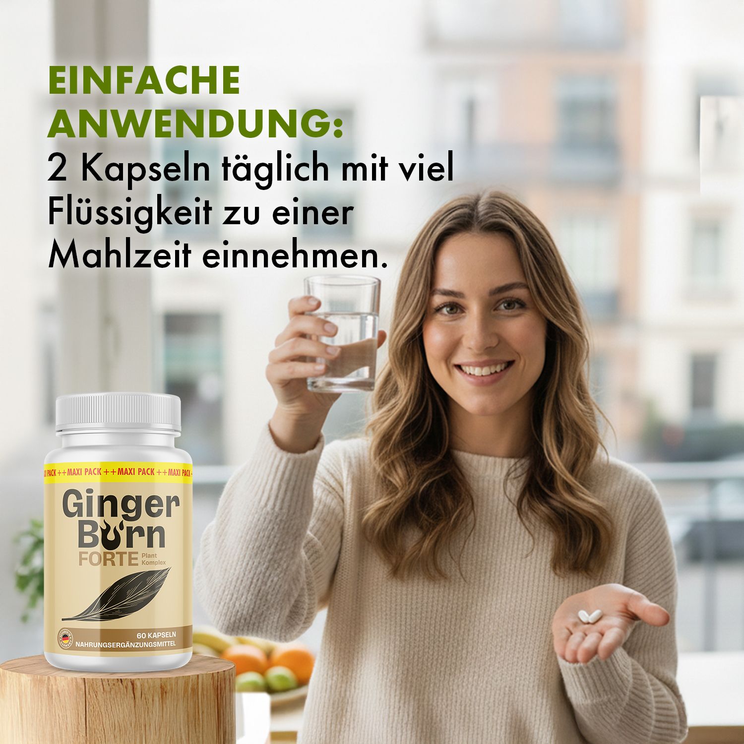 Frau hält Kapseln und Glas Wasser. Flasche "Ginger Burn Forte" daneben. Text: Einfache Anwendung.