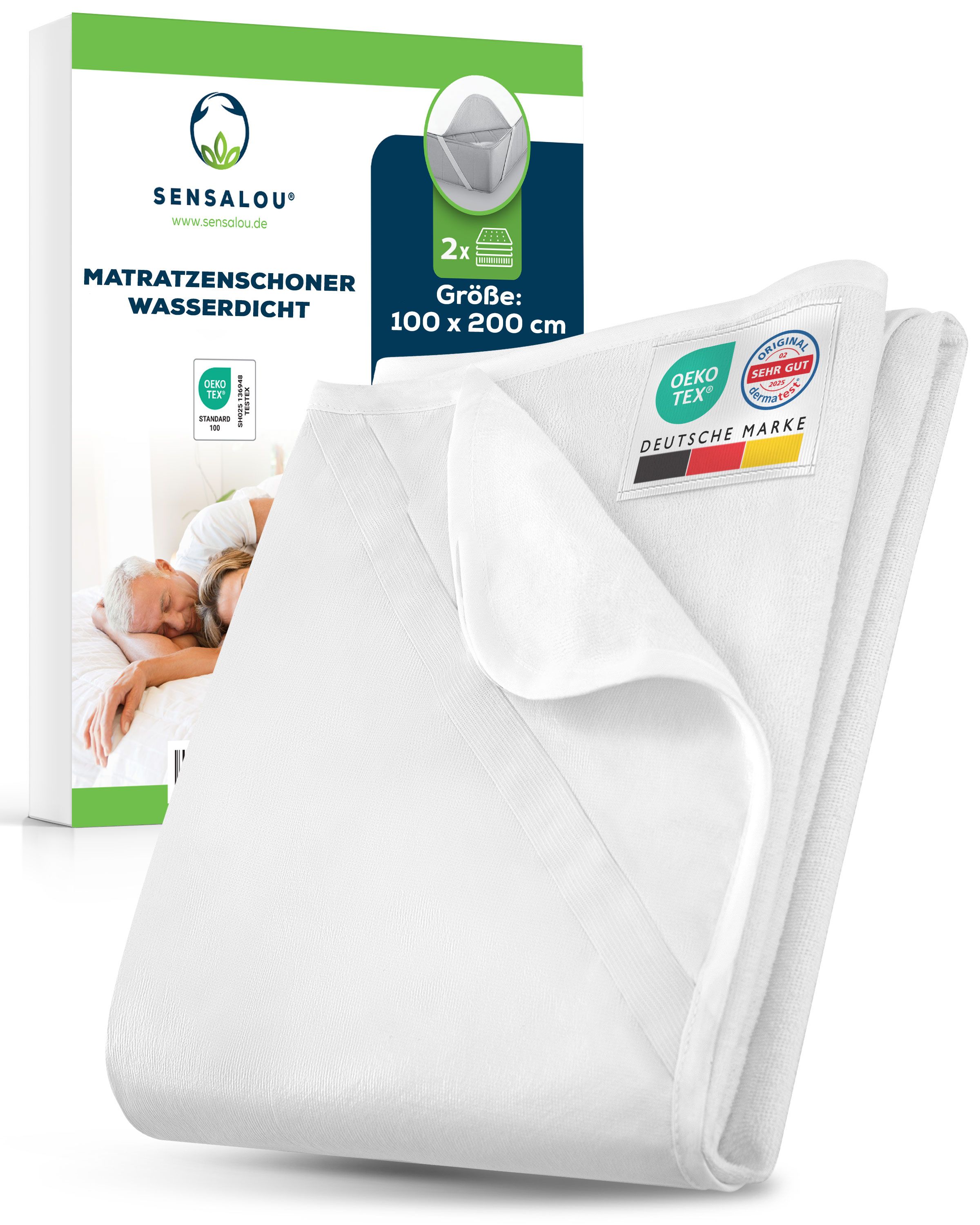 Matratzenschoner, weiß. Verpackung mit Produktbild, Logo, Text. Oeko-Tex-Zertifikat, Größe 100x200 cm. Deutsche Marke.