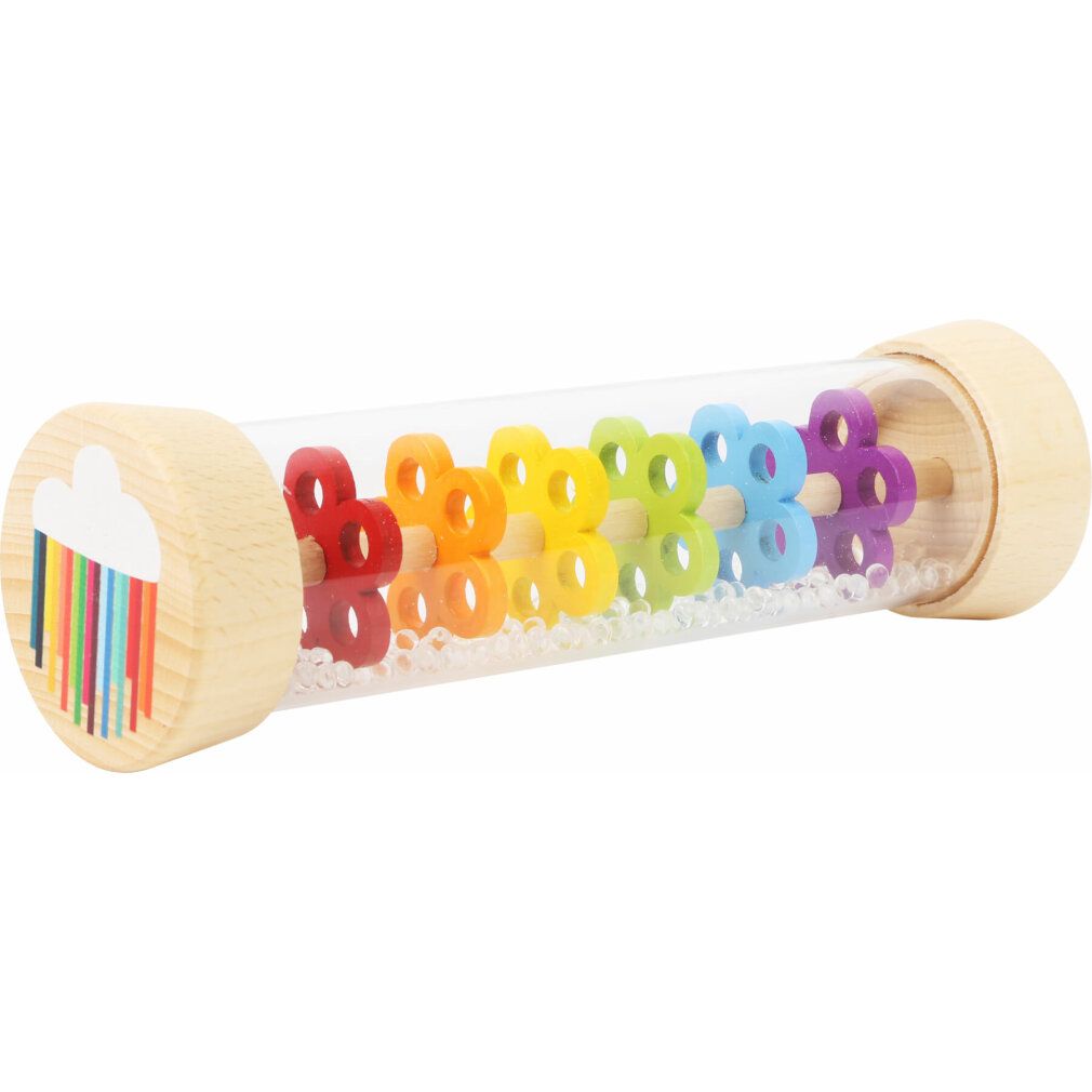 Zylindrisches Holzspielzeug mit farbigen Blütenblättern in einem transparenten Zylinder. Auf einer Seite ein Wolken-Regenbogen-Logo.