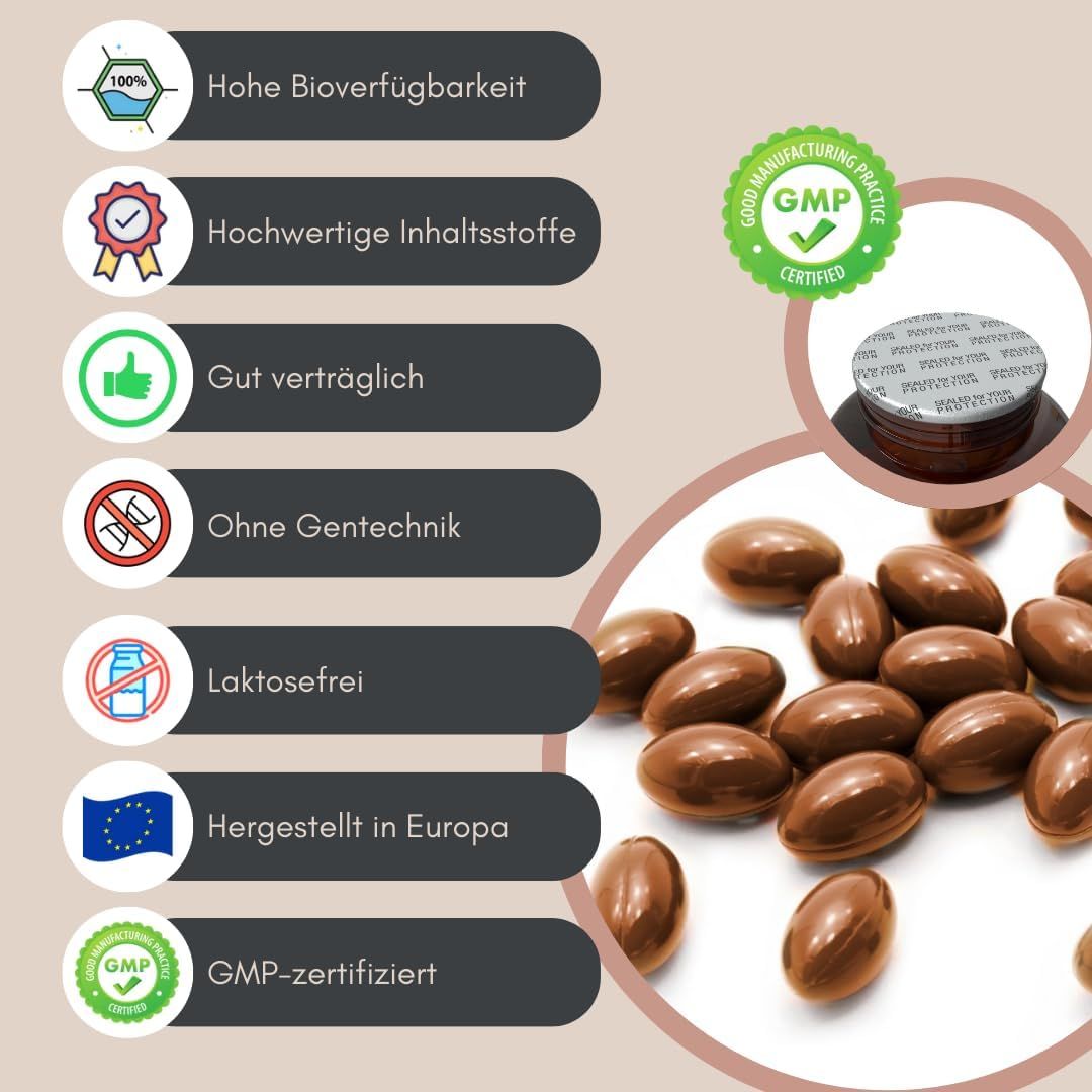 Braune Kapseln, GMP-Zertifizierung, Logos für hohe Bioverfügbarkeit, hochwertige Inhaltsstoffe, gut verträglich, ohne Gentechnik, laktosefrei, hergestellt in Europa.