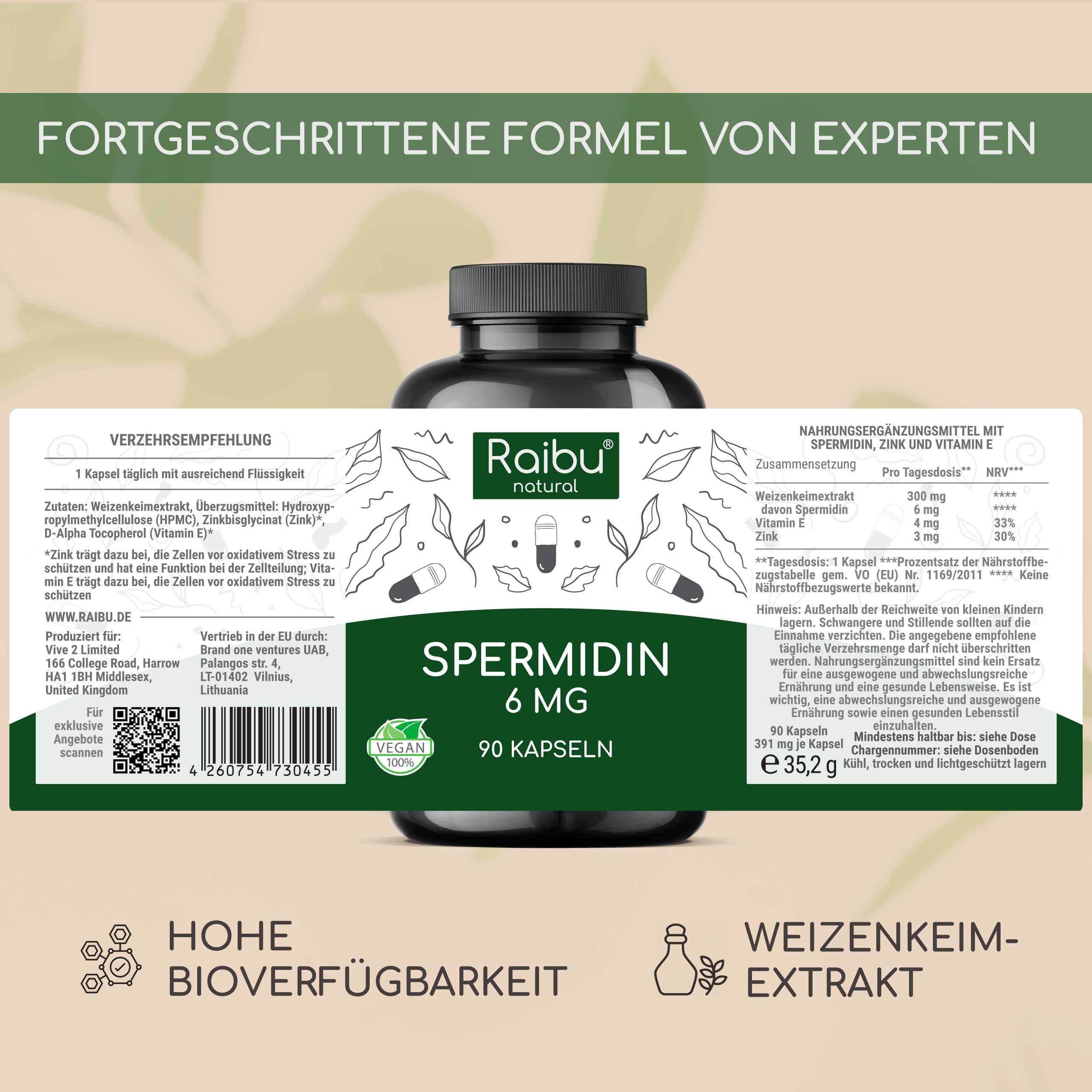 Produktflasche mit Etikett. Text: Spermidin 6 MG, 90 Kapseln. Zusätzliche Informationen und Inhaltsstoffe. Marke: Raibu natural. Vegan-Siegel.