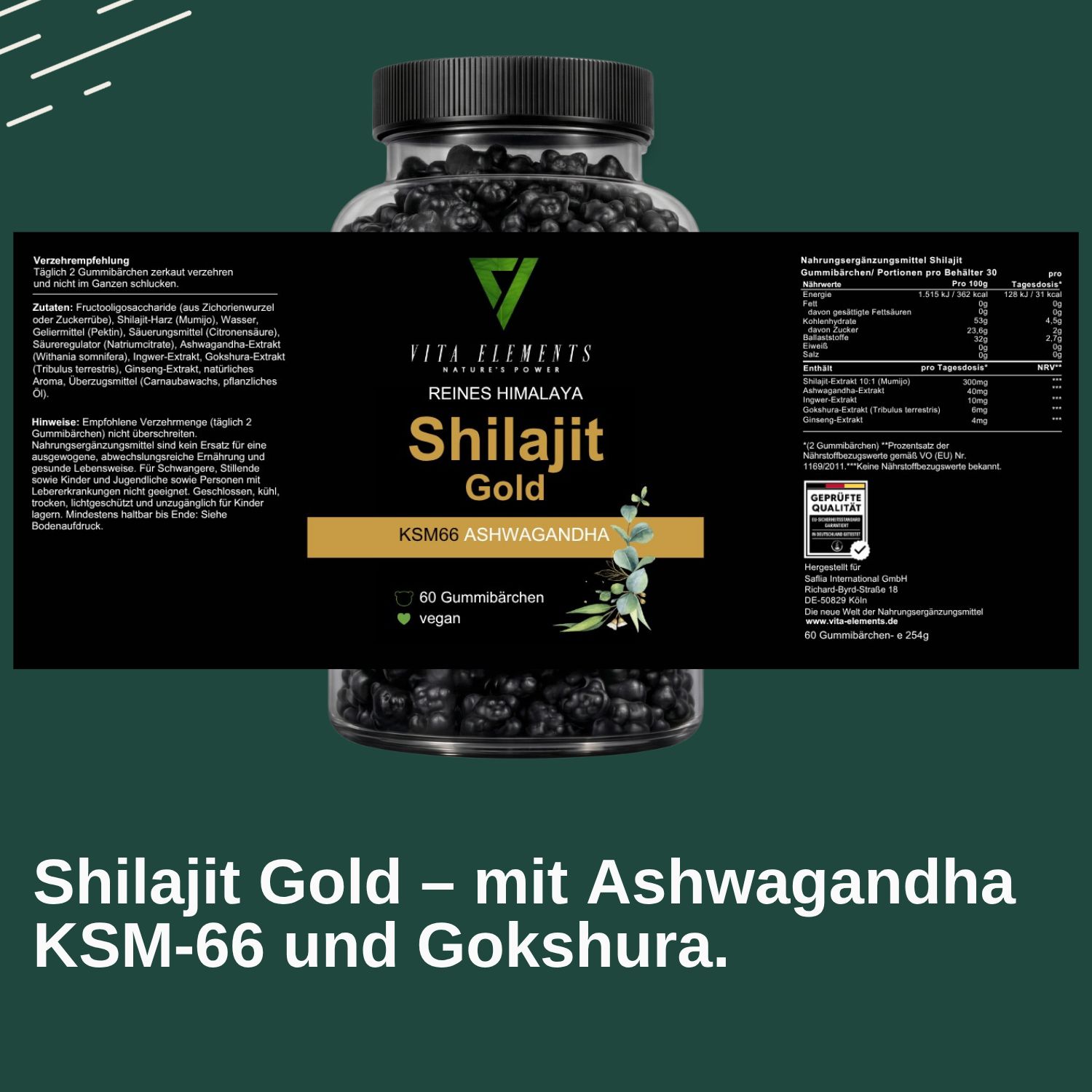 Flasche mit Shilajit Gold Gummibärchen, vegan, 60 Stück, ohne Zusätze.