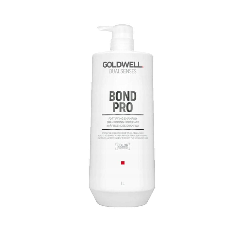 Weiße Flasche mit Pumpe. Aufschrift: GOLDWELL DUALSENSES BOND PRO. 1L. Farbmarkierung.