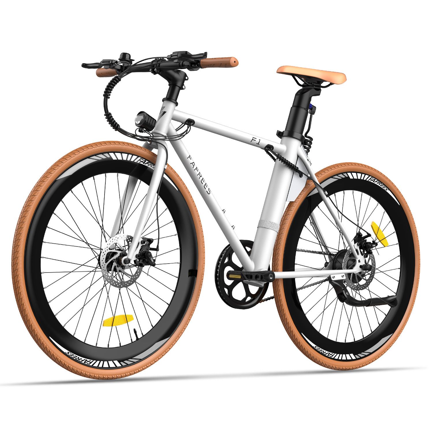 Fafrees F1 E-Bike, weiß, braune Reifen, brauner Sattel. Lenker und Sattel sind aus Leder. Das Fahrrad hat einen Elektromotor.